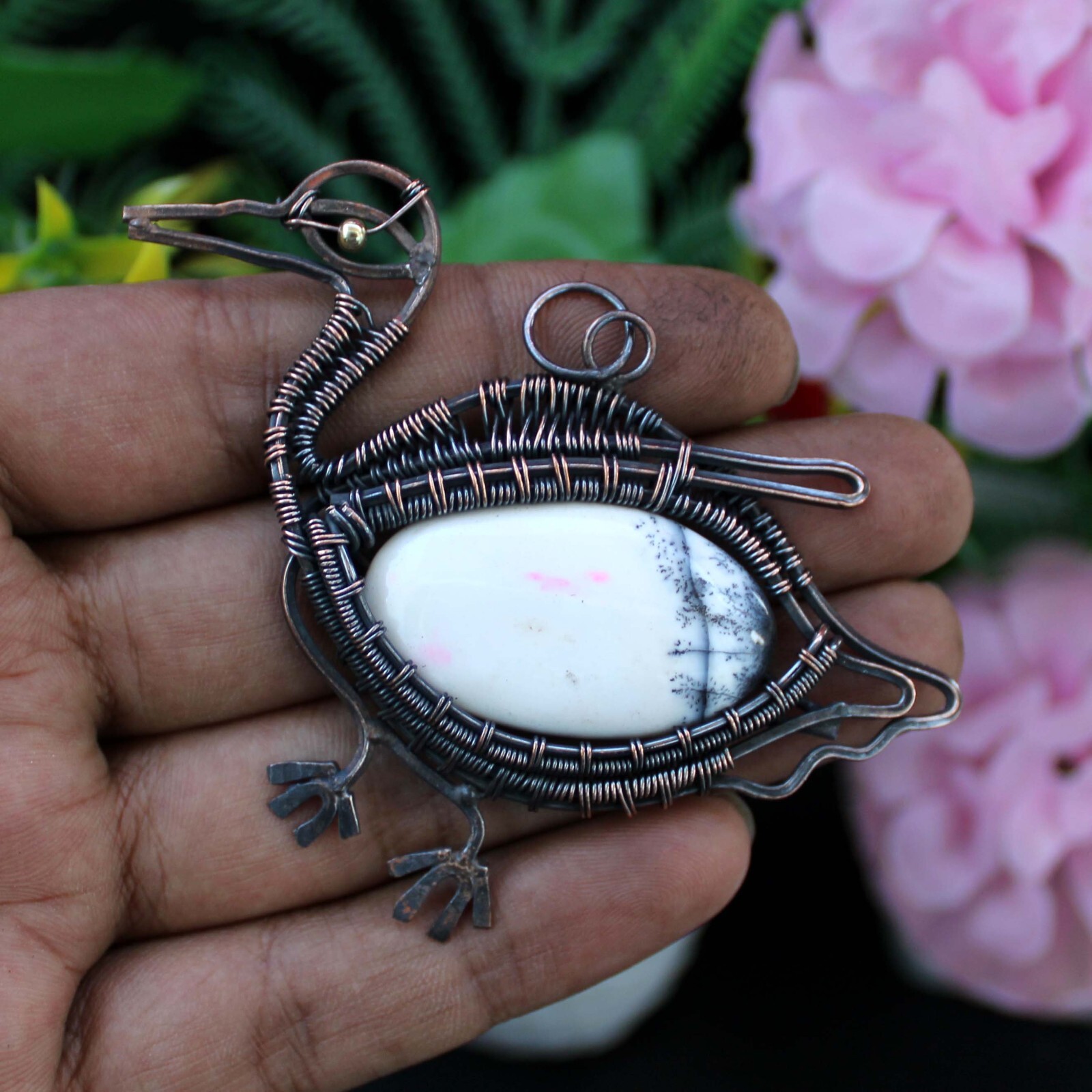 Dendrite Opal Gemstone Jewelry Mother Gift Copper Wire Wrapped Bird Pendant
