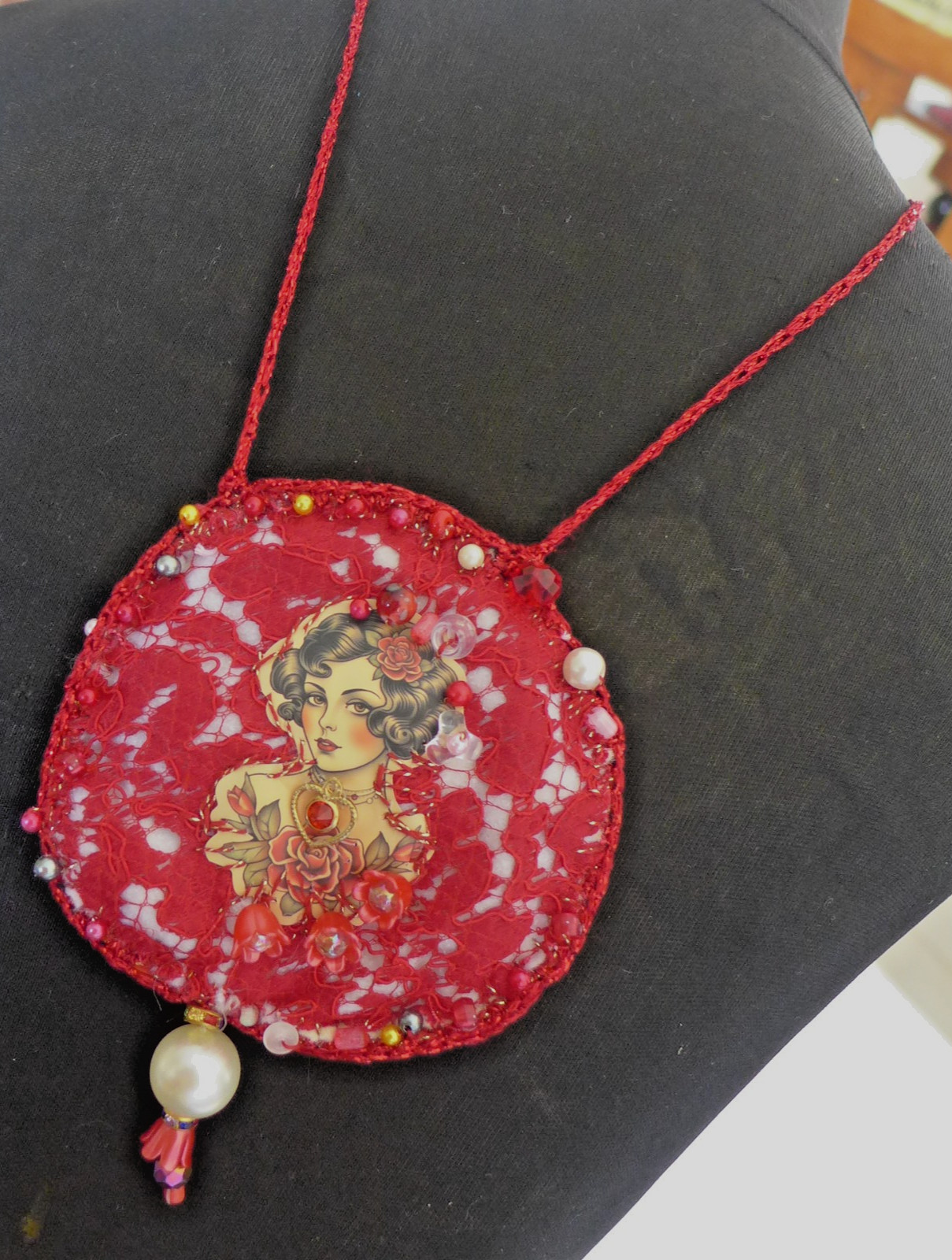 Handmade Crocheted art Necklace Cotton Fabrics embroidered crocheted+ Beads