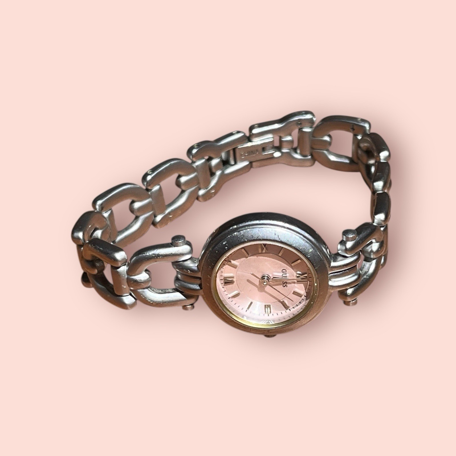 Vtg Guess Women Working Watch Pink Brushed Silver Chain Fold Over Clasp 6.75″