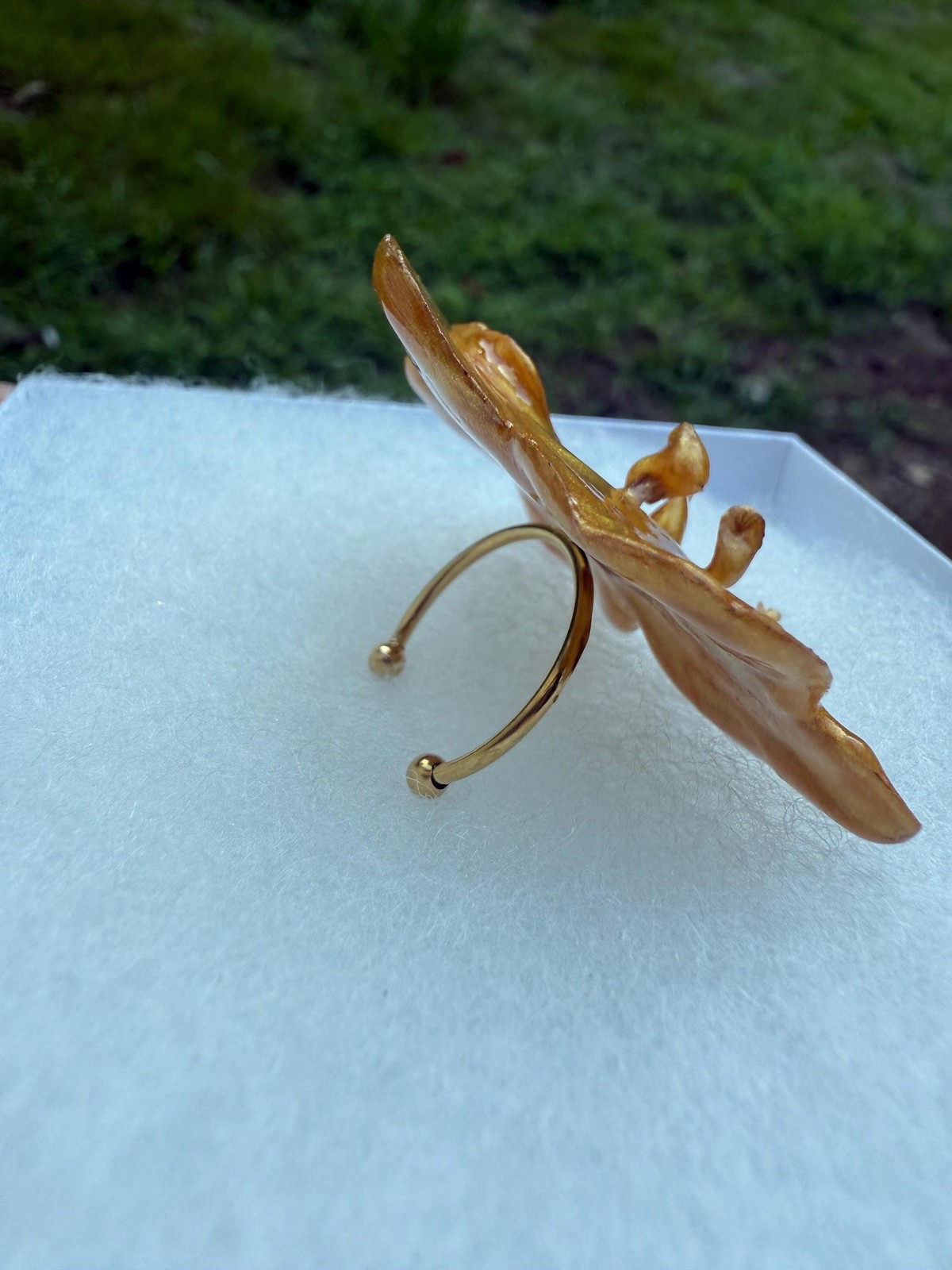 Real Orchid Resin Ring | Preserved Flower | Adjustable Gold Tone Band