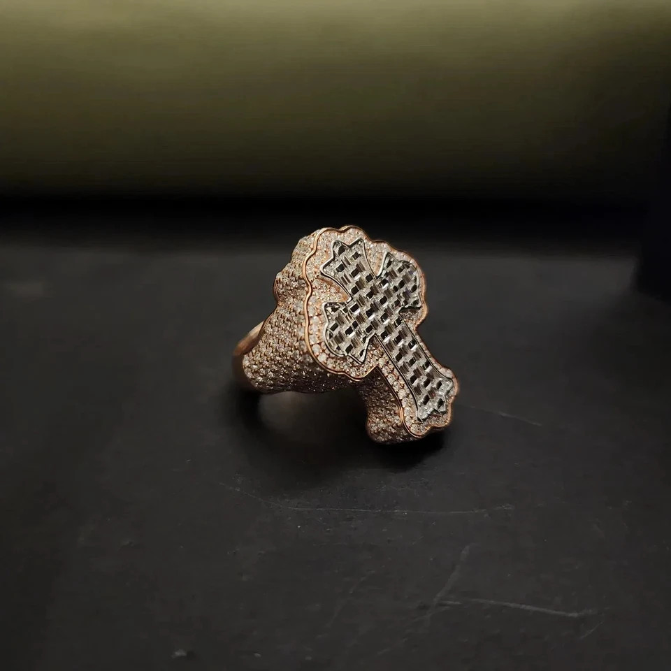 5TCW Baguette Lab Created Diamond 14k Rose Gold Plated Men’s Custom Cross Ring
