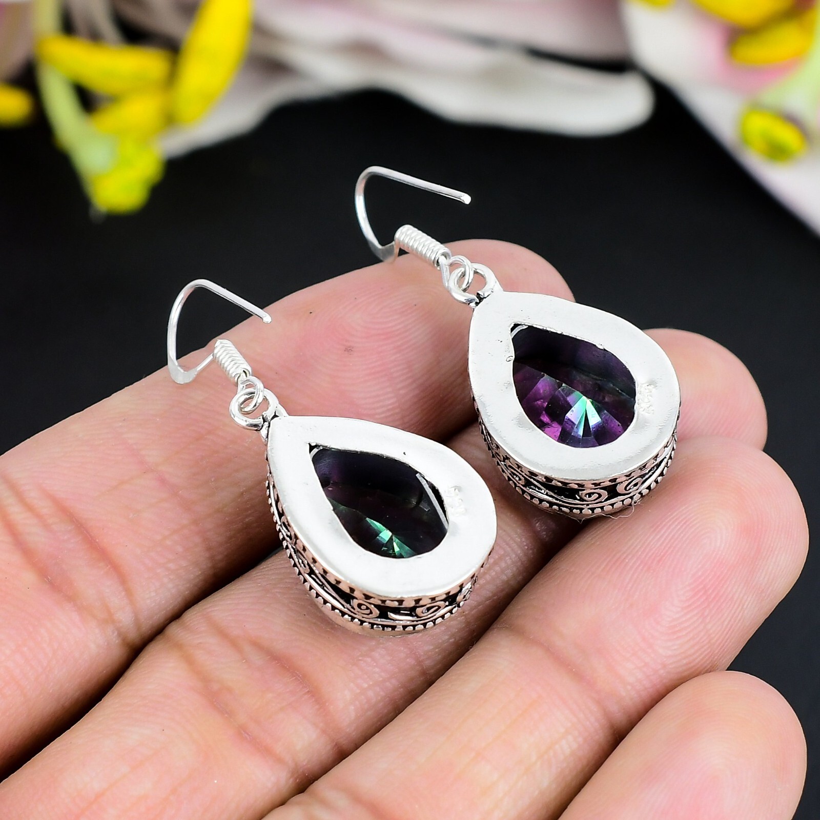 Natural Mystic Topaz Gemstone Earring Handmade 925 Sterling Silver Jewelry