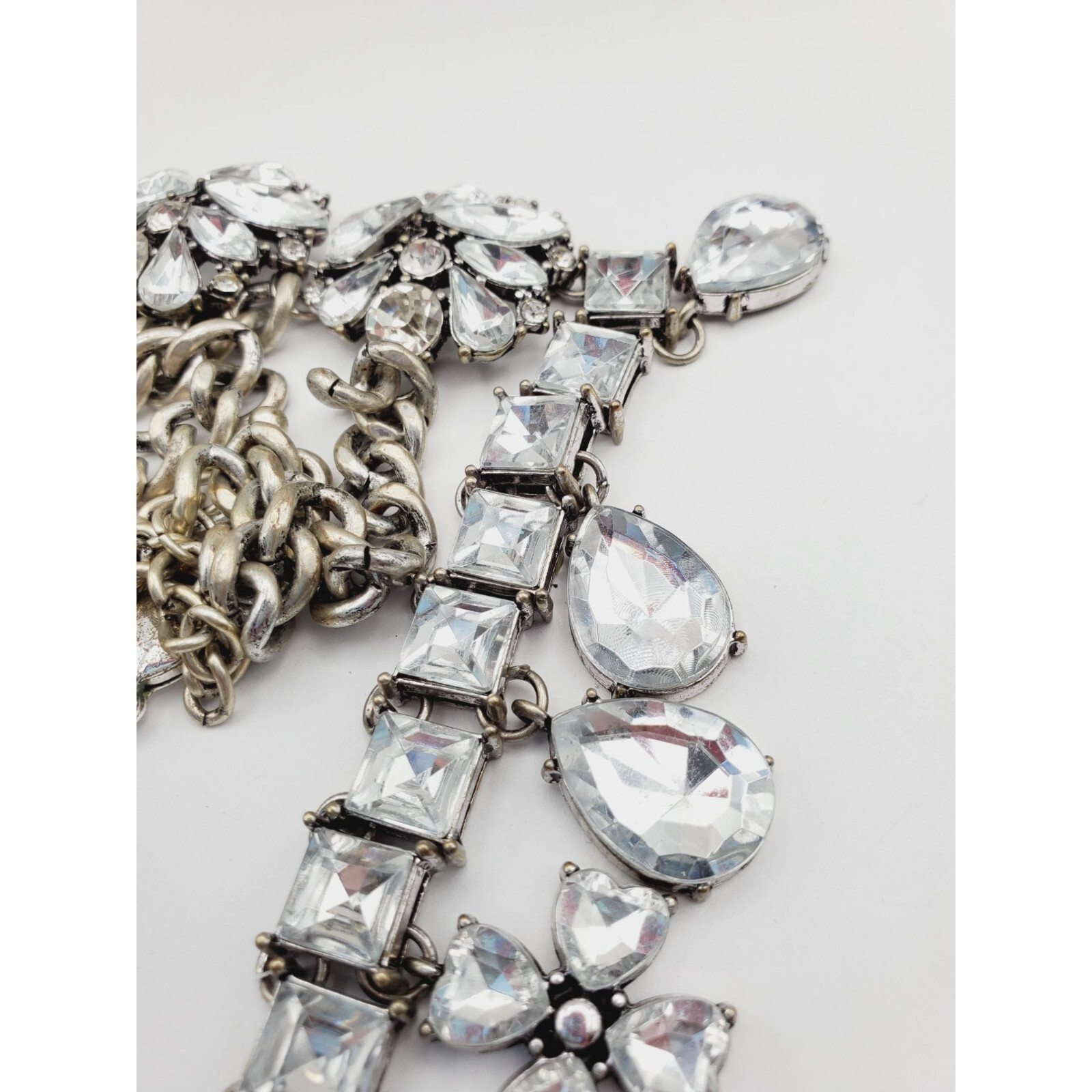 Statement silver tone Rhinestone flower square tear drop pear Necklace 18″