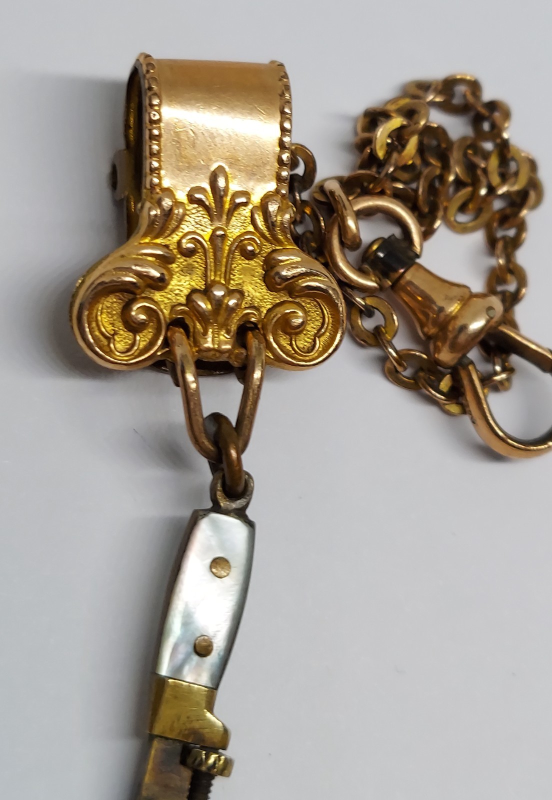 VTG Antique Miniature monkey Wrench works watch Fob charm Gold Filled Chain Clip
