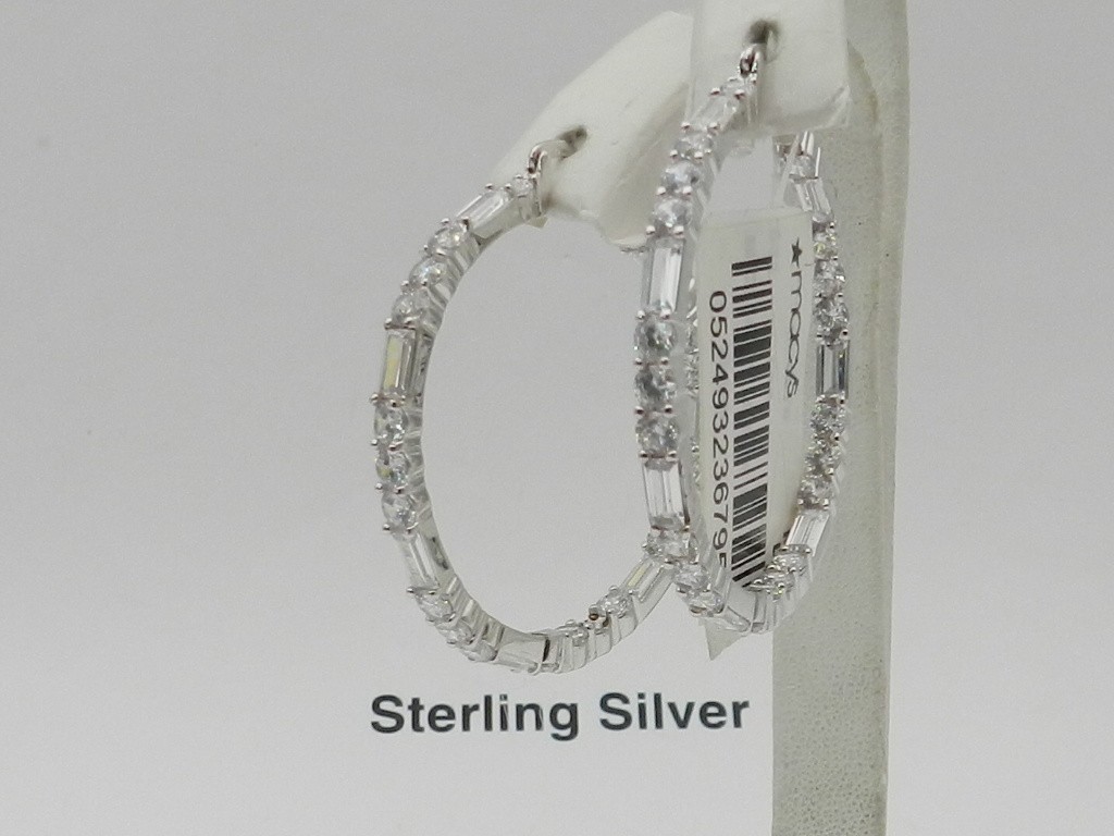 Macy’s Tiara Cubic Zirconia Baguette Large Medium Hoop Earrings Sterling Silver