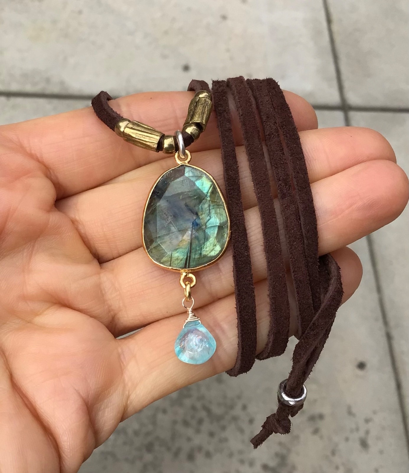 $270 Labradorite Aquamarine Sundance Charm Necklace leather suede cord jewelry