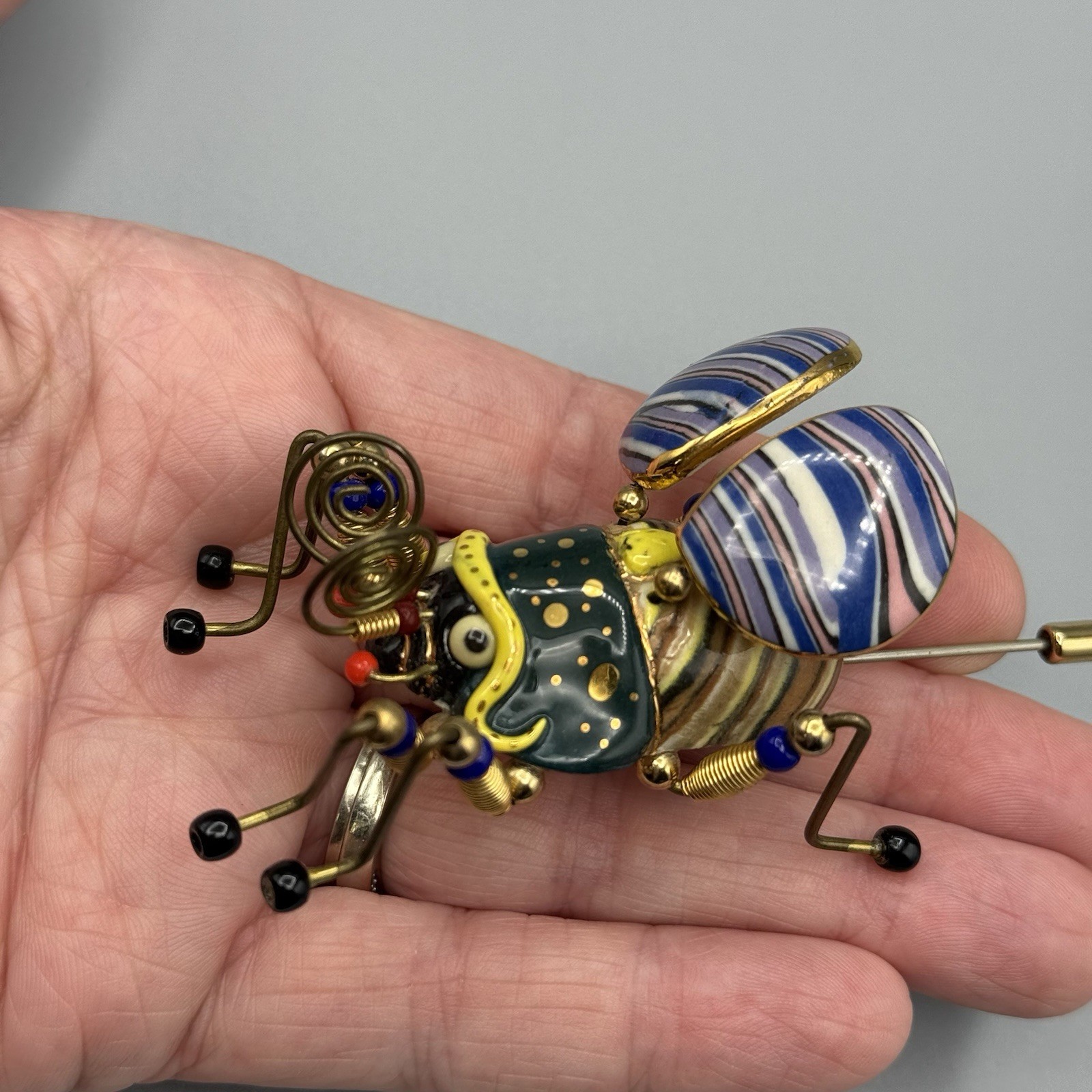 Cynthia Chuang Jewelry 10 Bee Beetle Pin 3″ Porcelain Glass Metal Whimsy Unique