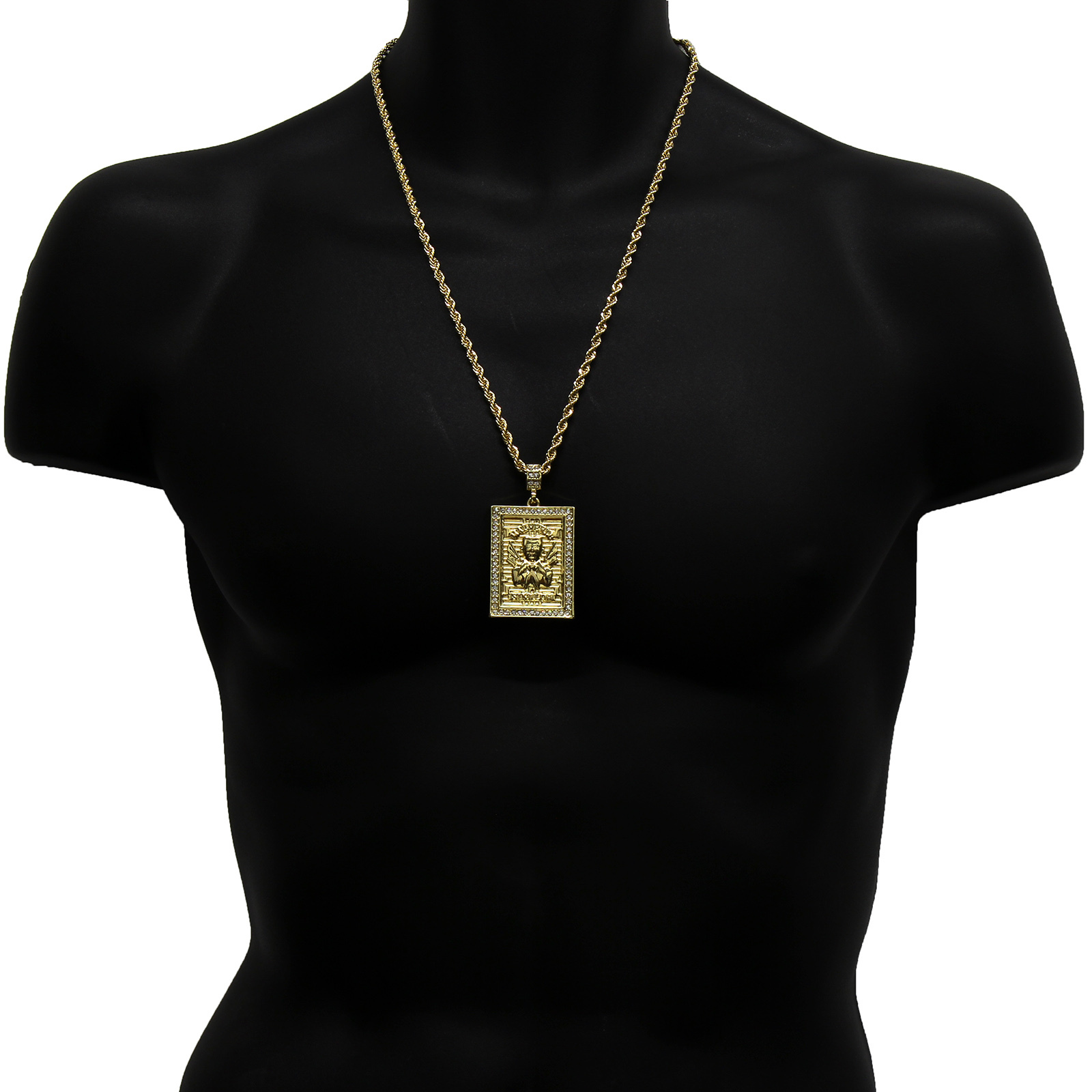 Mens 14K Gold Plated Malverde Cubic-Zirconia 24″ Rope Chain pendant