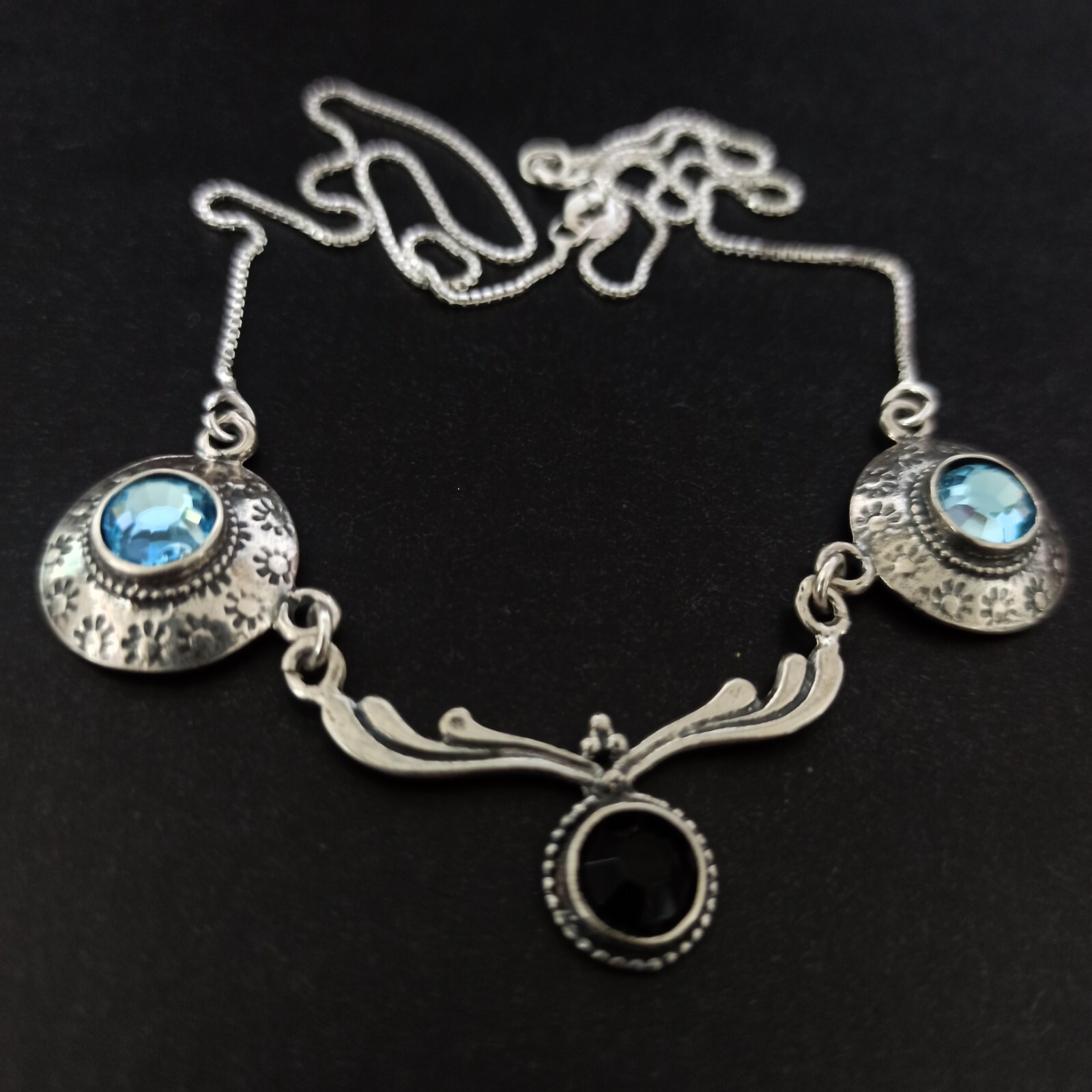 Vintage Silver Necklace Ligh Blue Black Bib Art Deco Sterling 925 Artisan Unique