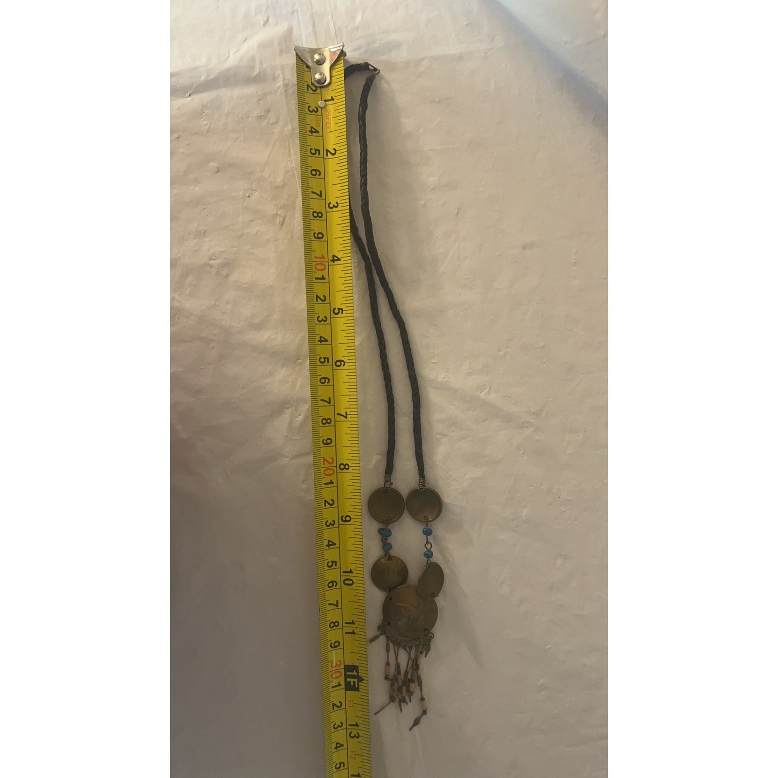 Vtg 70s South American Llama Coin & Bead Statement Necklace Boho Leather Cord