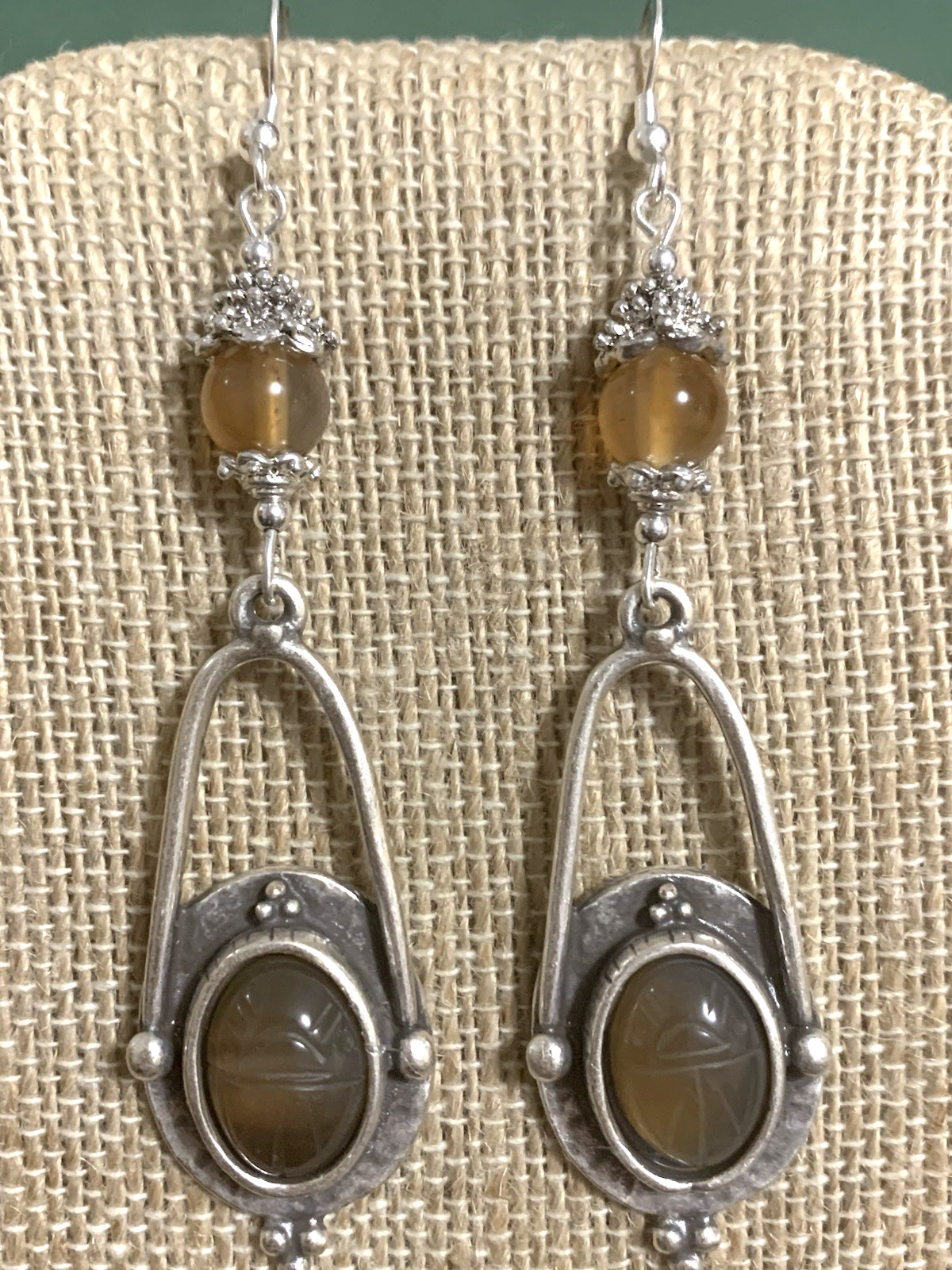 ON SALE*HANDCRAFTED EGYPT CARVED VTG. AMBER CHALCEDONY SCARAB EARRINGS-NEW.s