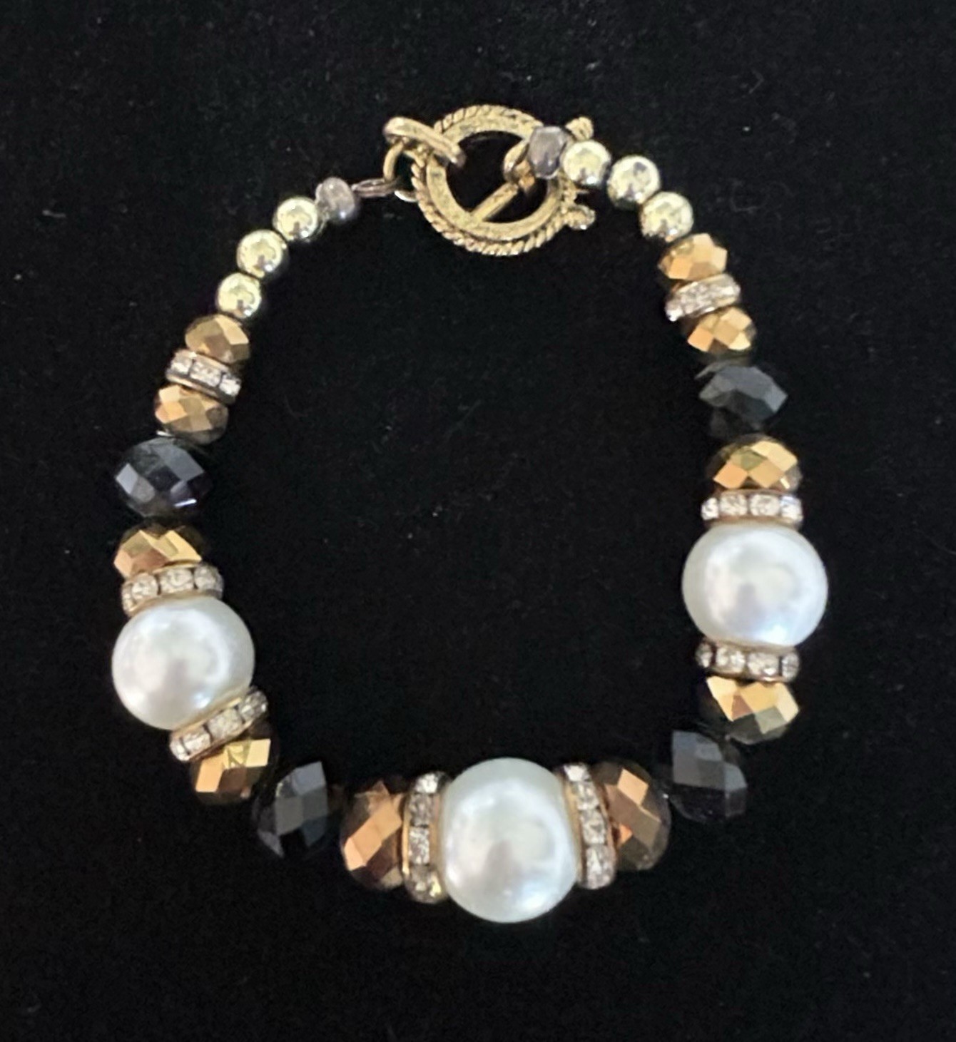 Extra Large Hand Crafted Gold Black White Beaded Bracelet