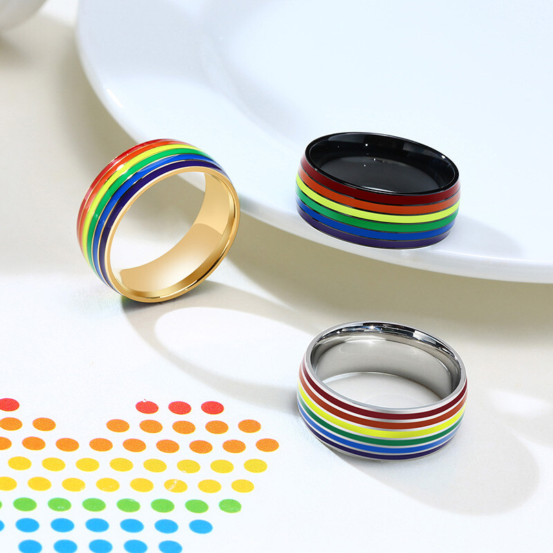 8mm Rainbow Color Love Gay Pride Lesbian Men’s Ring Stainless Steel Striped Band