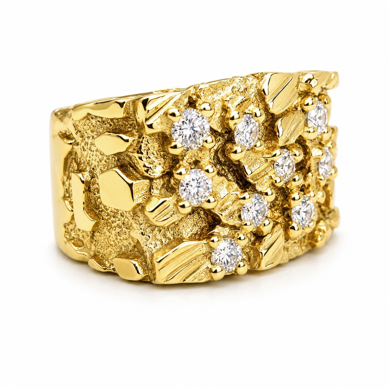Real 14K Yellow Gold .70 Carat Wide Face Diamond Mens Nugget Ring Natural or Lab