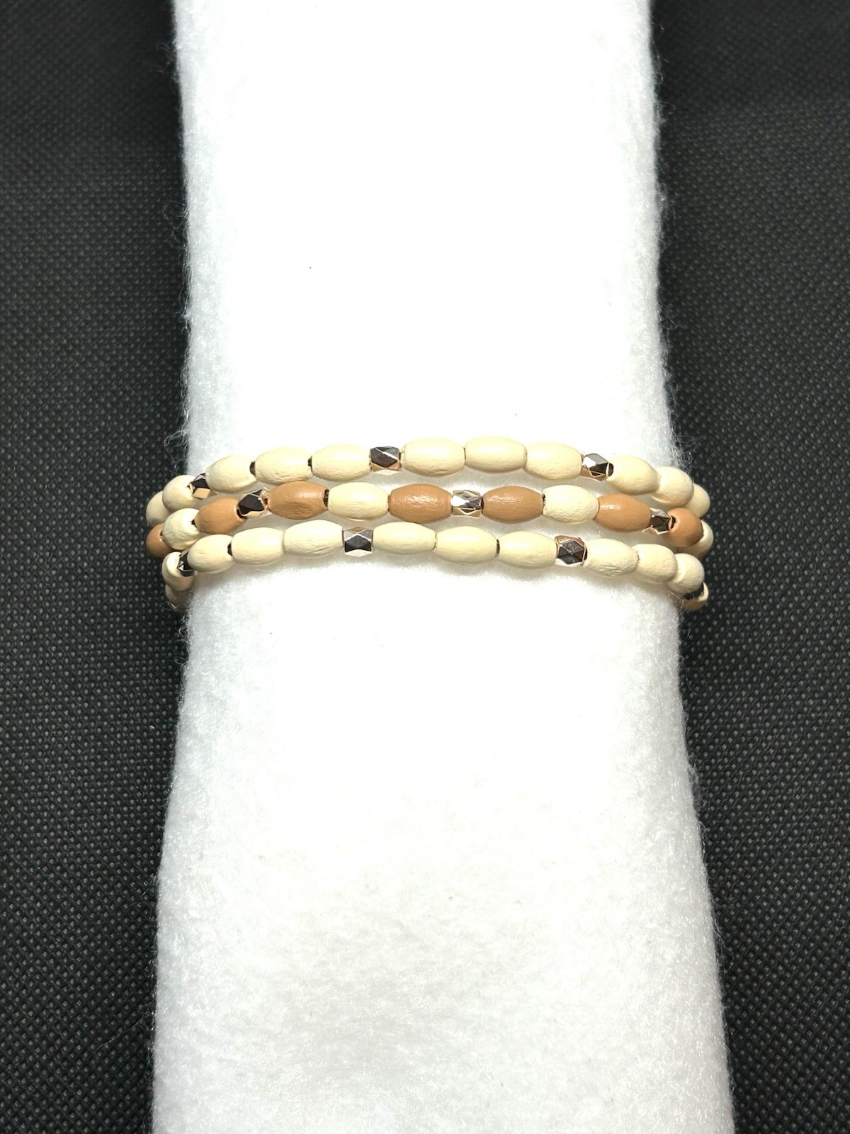Ivory & Tan with rose gold accents Bamboo Wooden Beaded Bracelet Set Size M