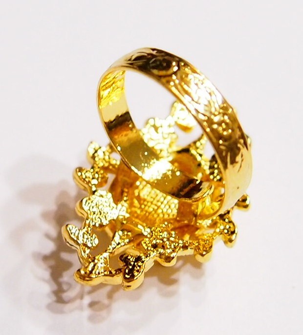 6 – 14x10mm Shiny Gold Victorian Deco Loop & Leaves Adjustable Ring Settings