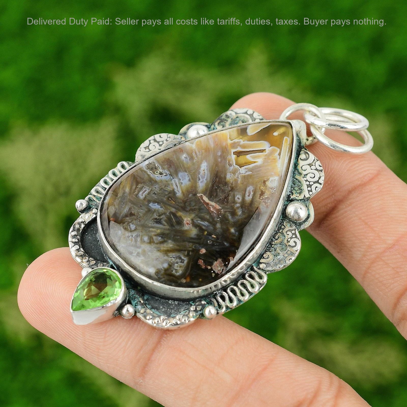 925 Silver Stick Agate Gemstone Peridot Bezel New Anniversary Pendant Jewelry