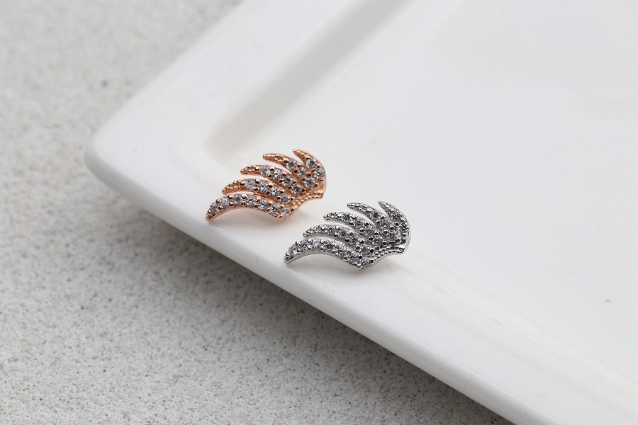 925 Sterling Silver CZ Angel Wing Stud Earrings Rose Gold White Korean Jewelry