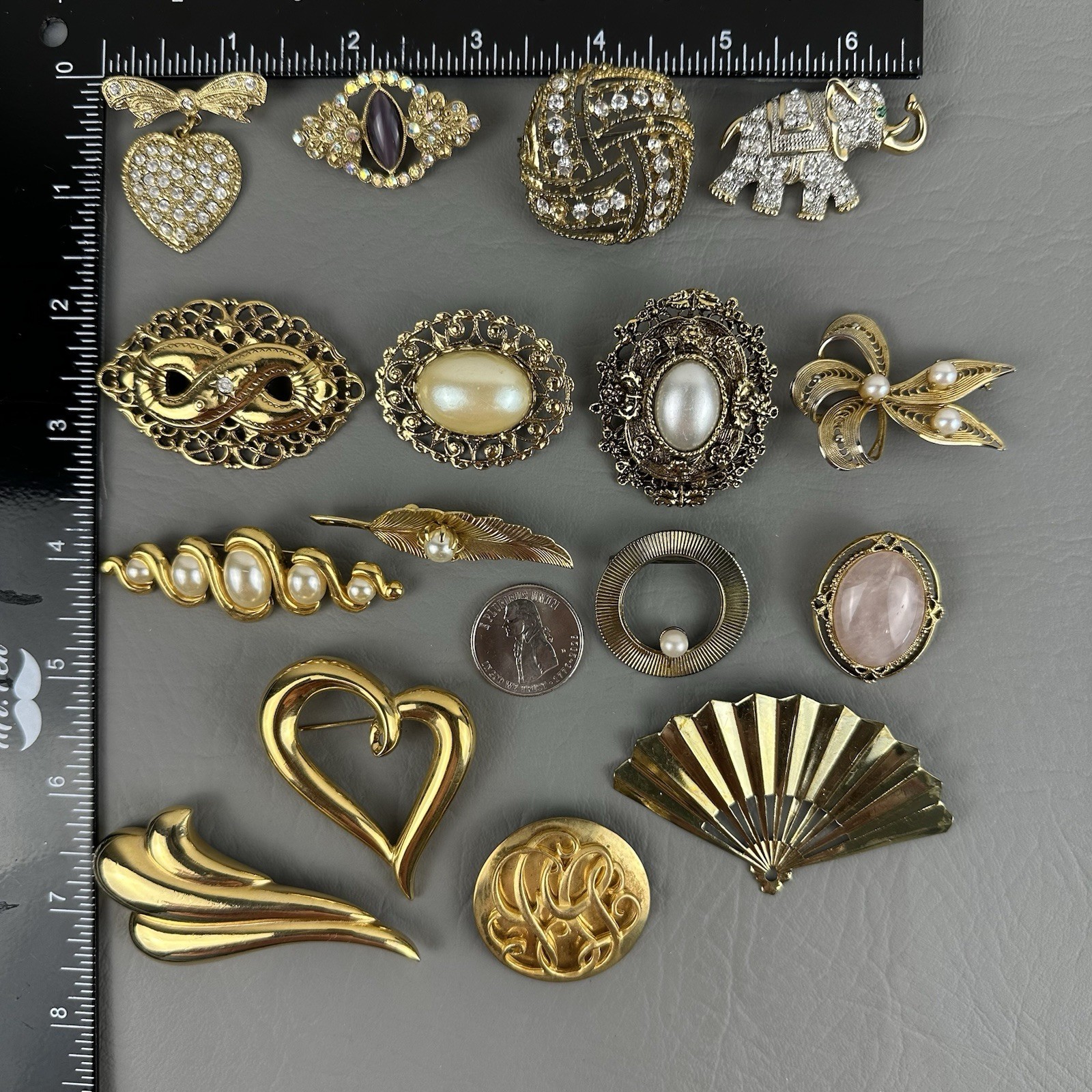 Vintage Brooch Lot 15 Gold Tone Rhinestone Faux Pearl Heart Elephant Floral