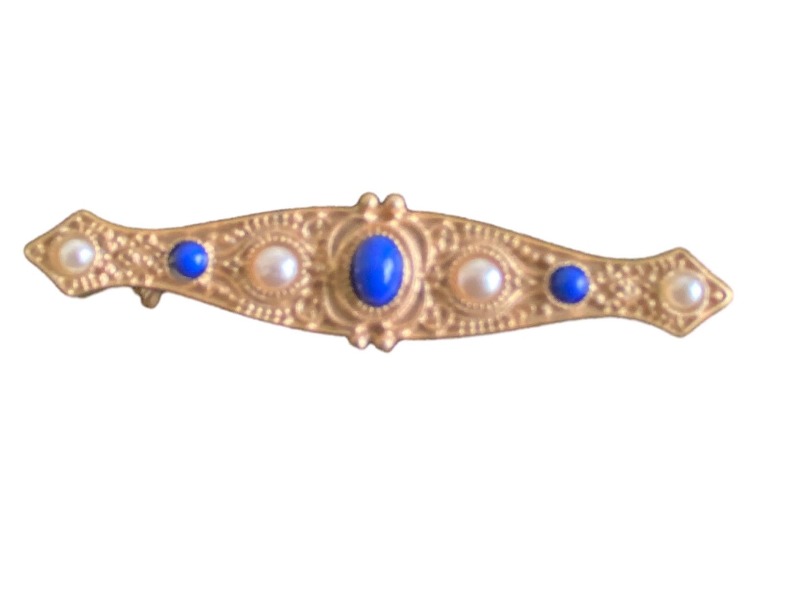 Cobalt Blue White Pearl Brooch Pin 2.5” GoldTone Floral Design 5.3g