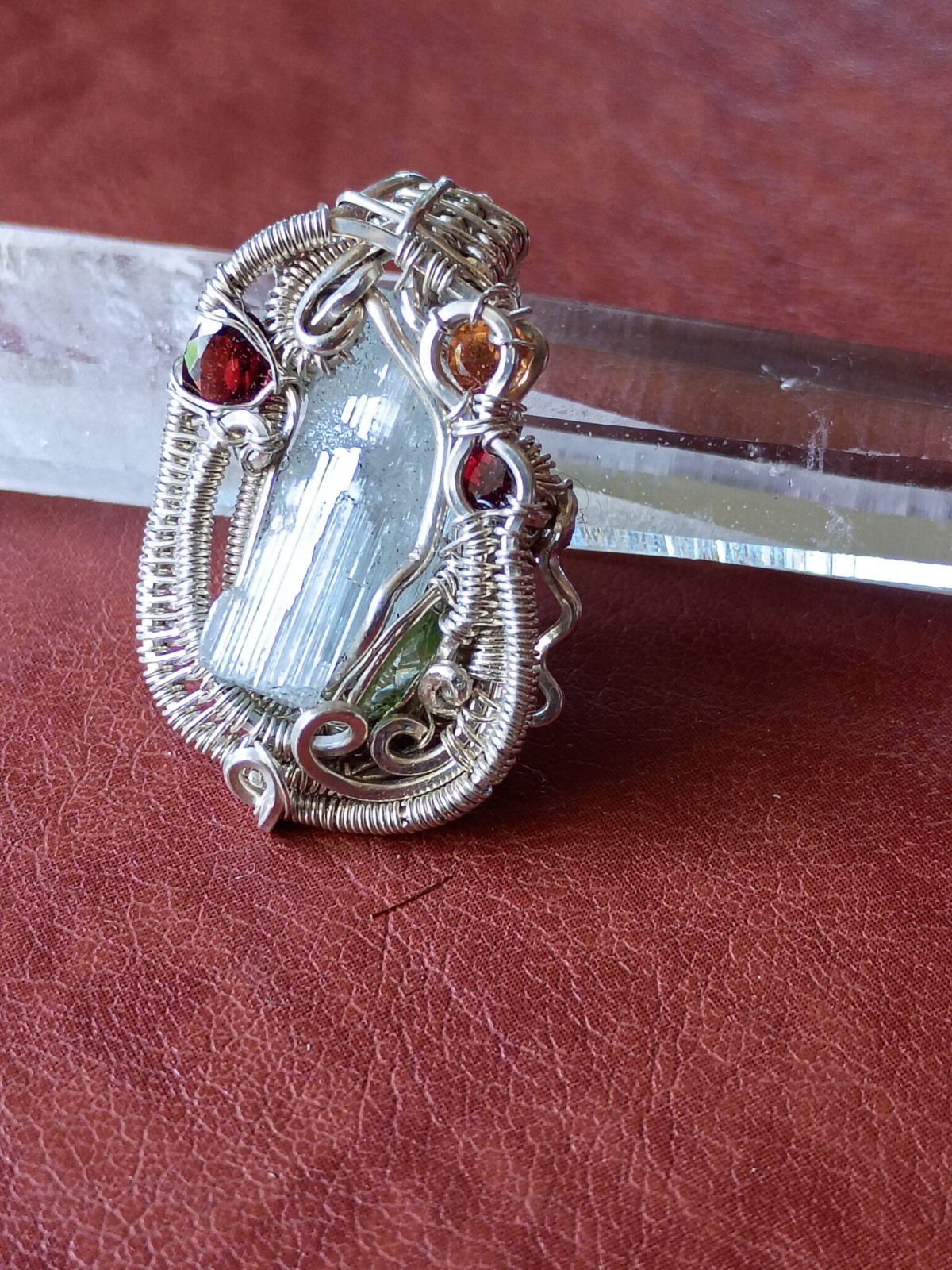 Handcrafted Wire Wrapped Aquamarine Crystal Sterling Silver Amulet Pendant
