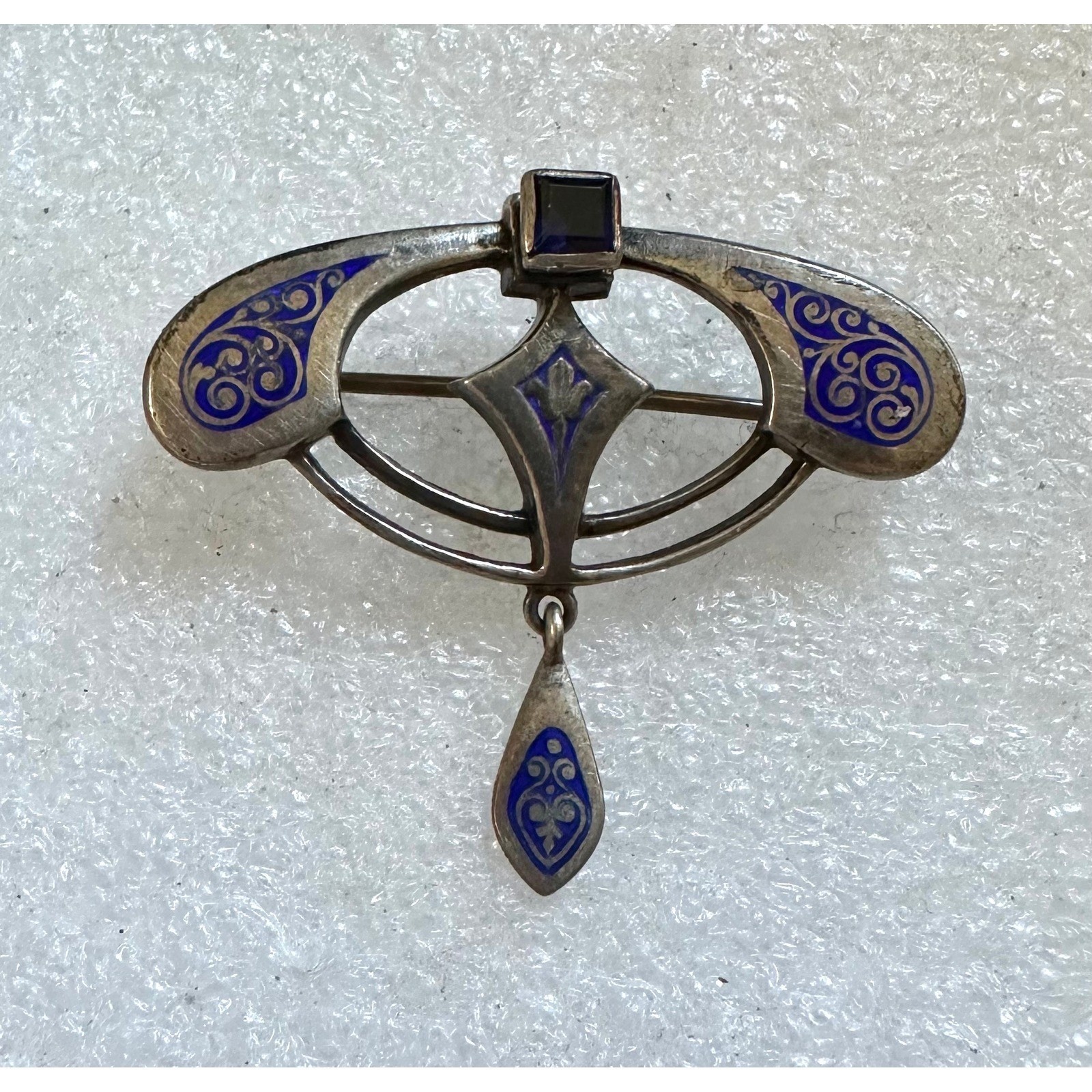 Antique Arts & Crafts Era Pin 800 Silver w/ Blue Enamel and Blue sapphire
