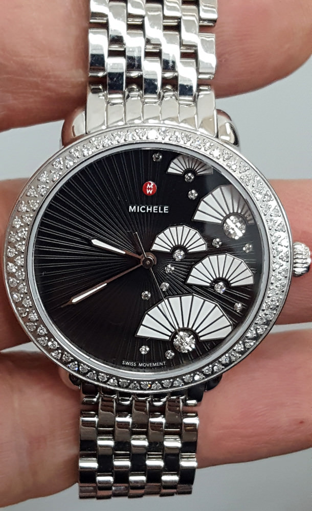 MICHELE SEREIN 16 DIAMOND FAN BLACK DIAMOND DIAL WATCH MWW21B000109
