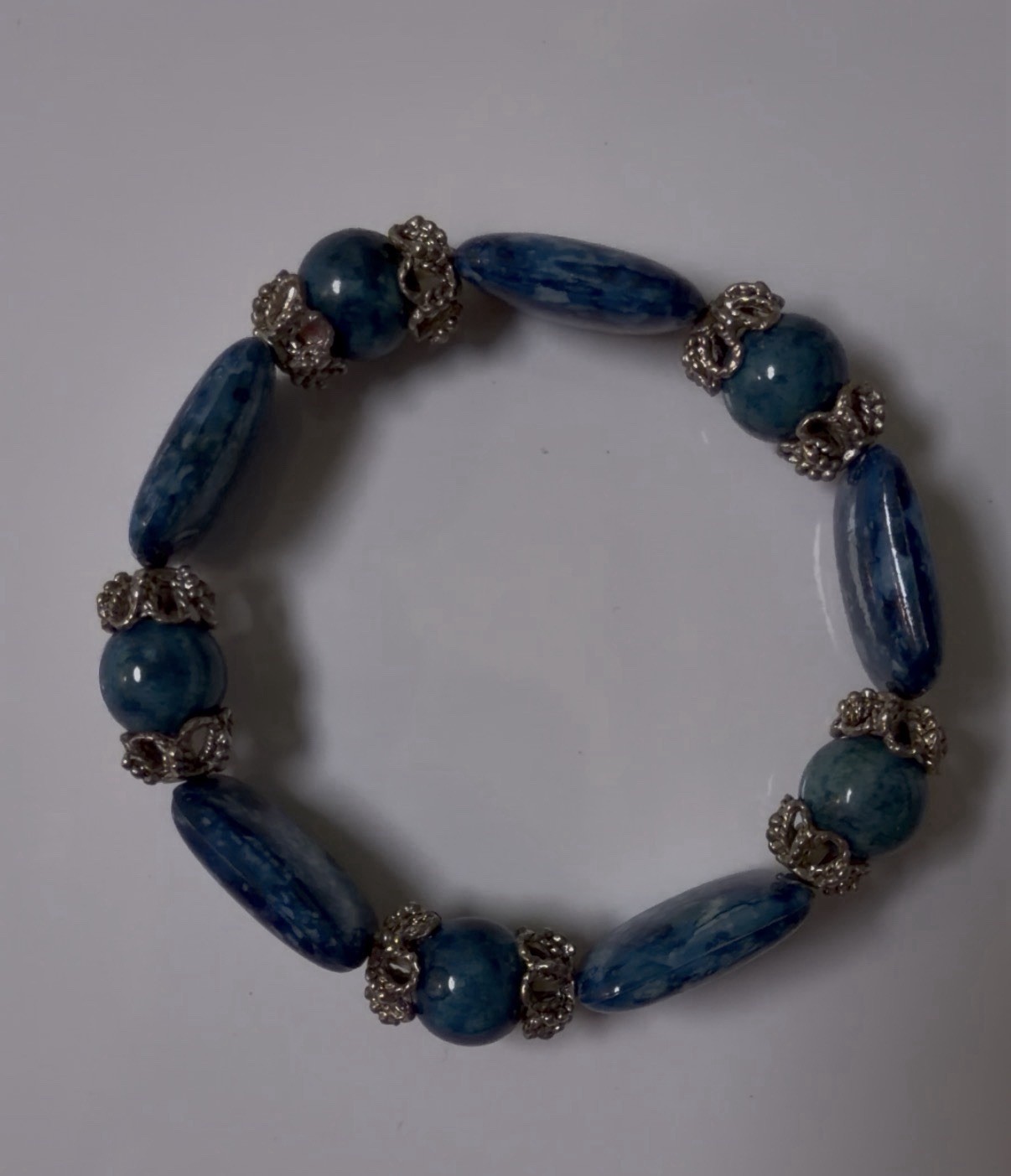 Bohemian Denim Blue Mottled Gemstone Bead Bracelet Silver Filigree Caps