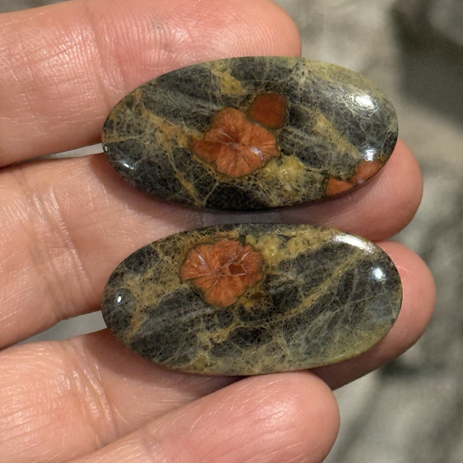 48ct 34.5×17.5×5.3mm Pair Peanut Obsidian Oval Cabochons Poppy Picture Stones