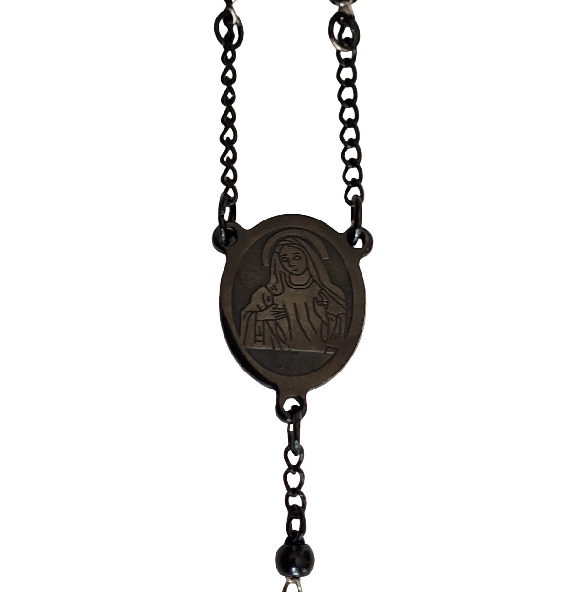 PURE LUX BLACK STAINLESS STEEL ROSARY CROSS NECKLACE – 24″