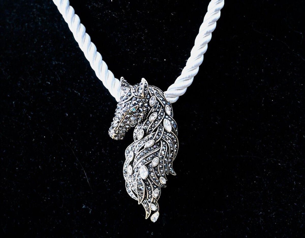 Heidi Daus FROSTED STALLION Crystal Horse Pin/Pendant Twisted Cord Necklace