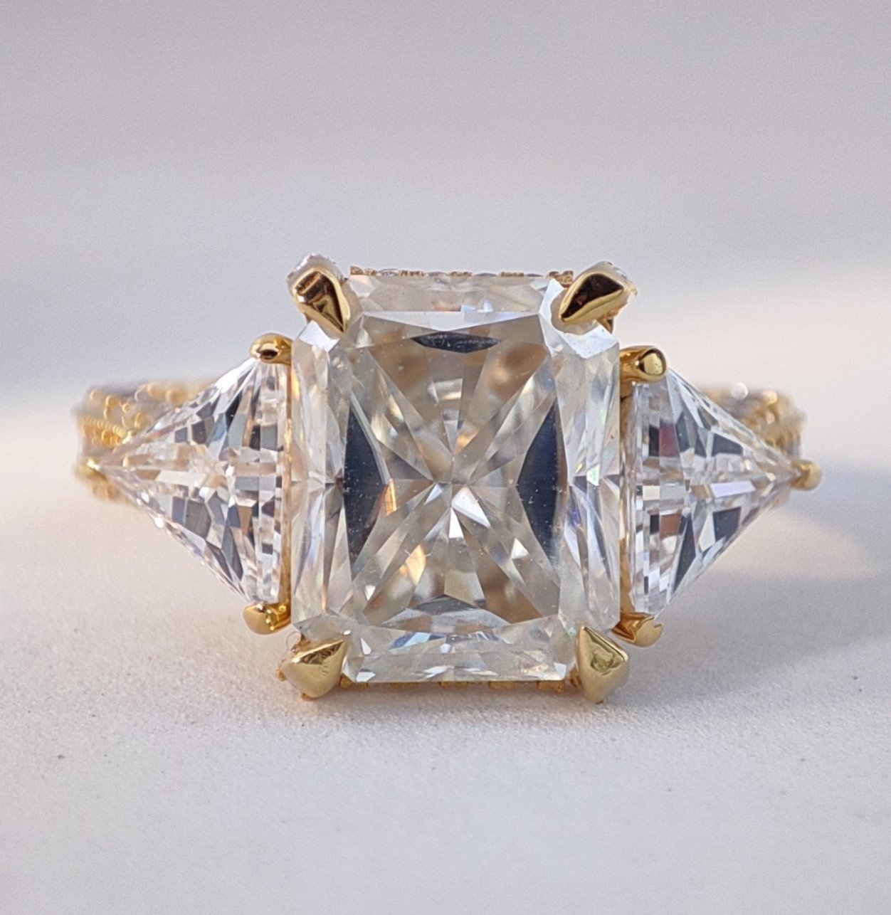 Radiant Cut 4 CT Colorless CZ Stone Side Stone Trillion Cut 14K Yellow Vermeil