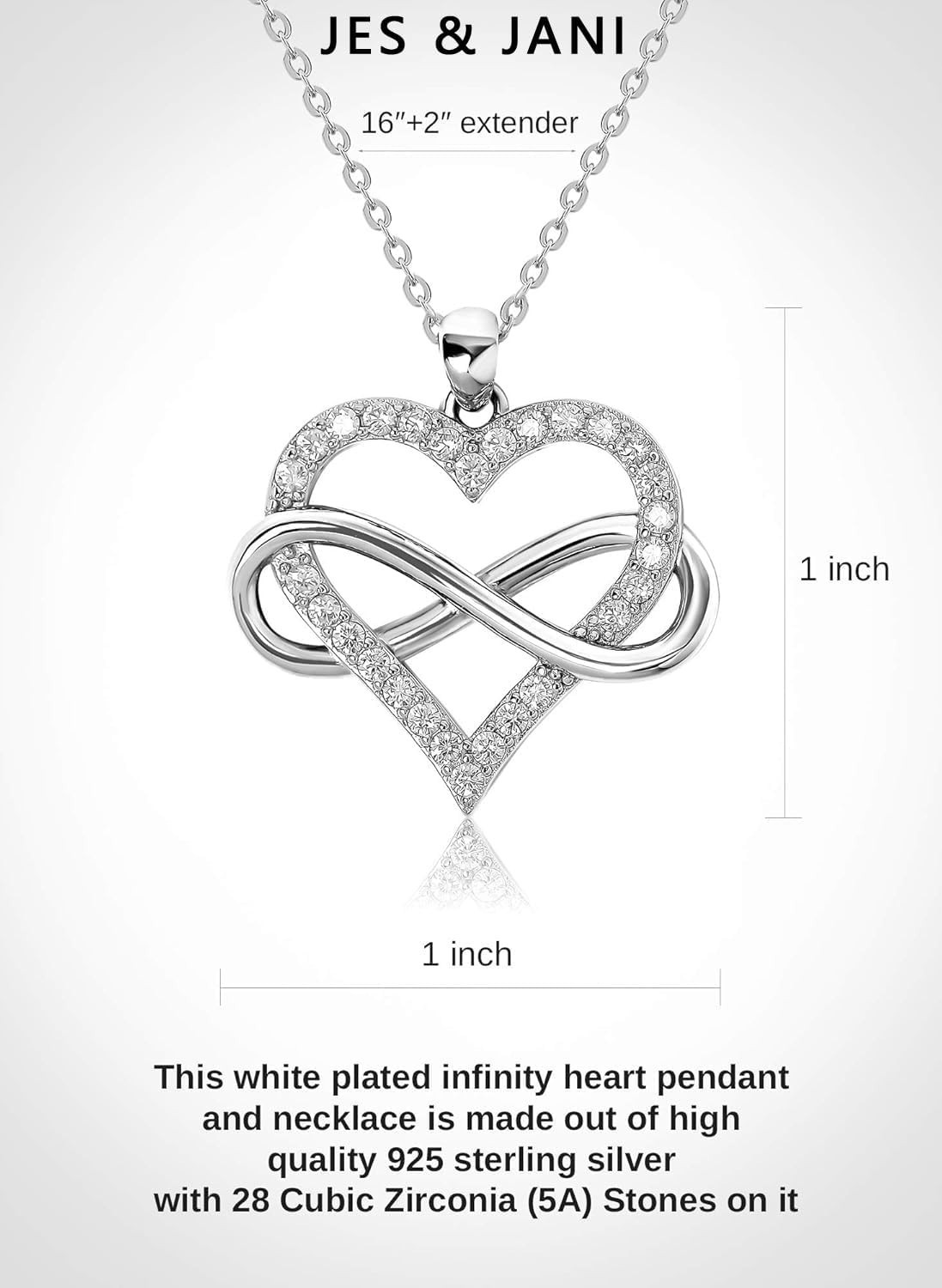 Infinity Heart Necklace for 16″ Chain with 2″ Extender, Silver