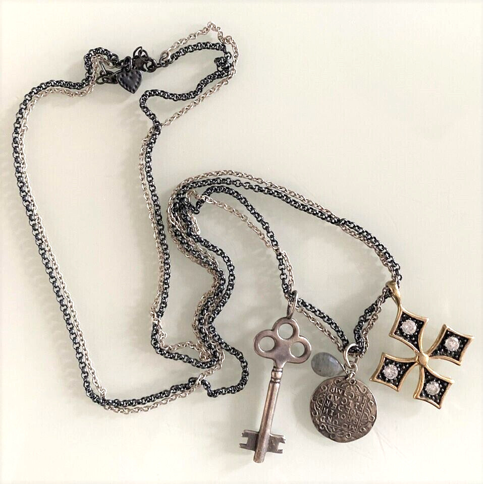Stella & Dot Liv Multi Charm Maltese Cross Labradorite Stone Key Coin Necklace