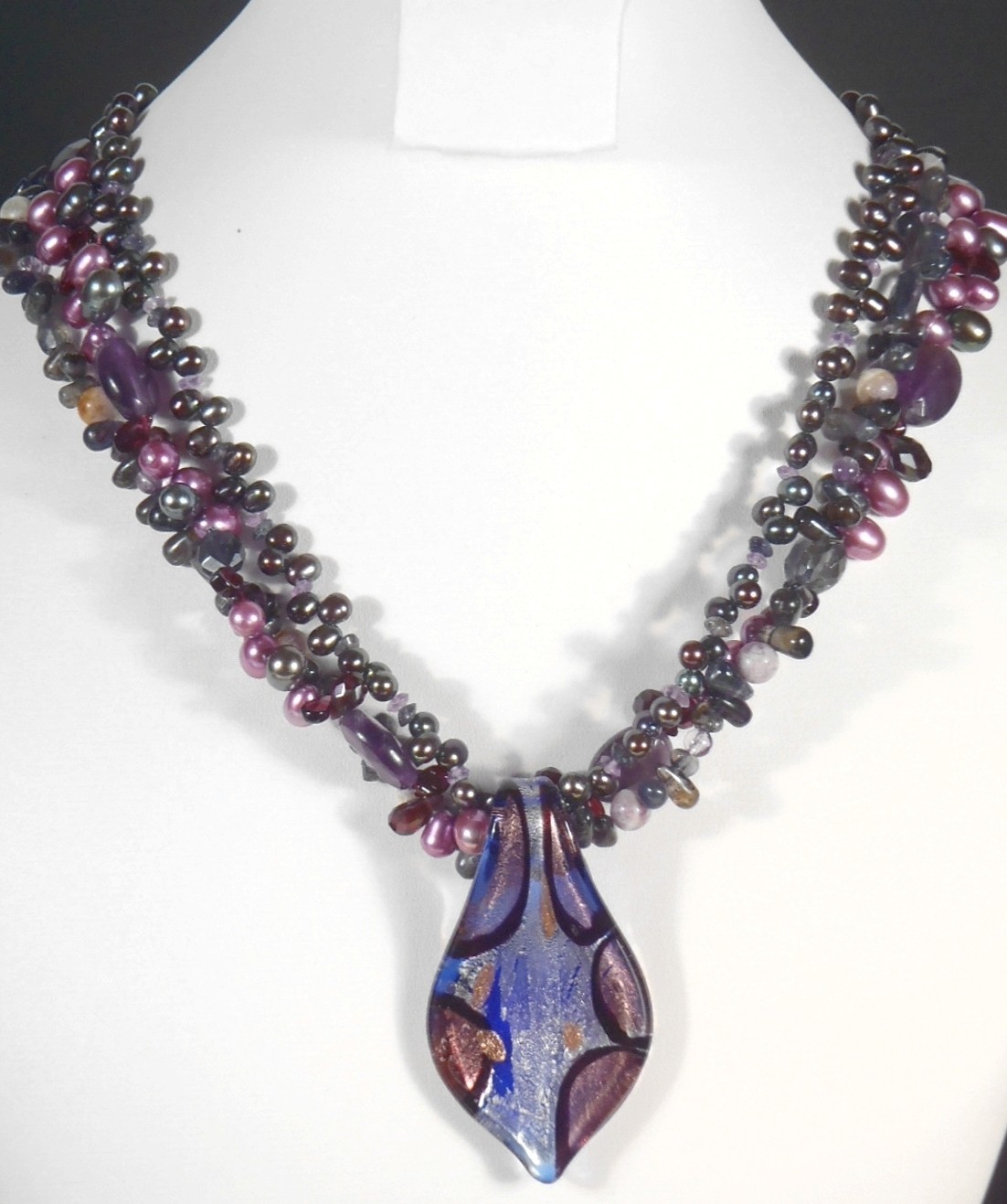 Shades of Purple Glass & Pearl Beaded Triple Strand Necklace Art Glass Pendant