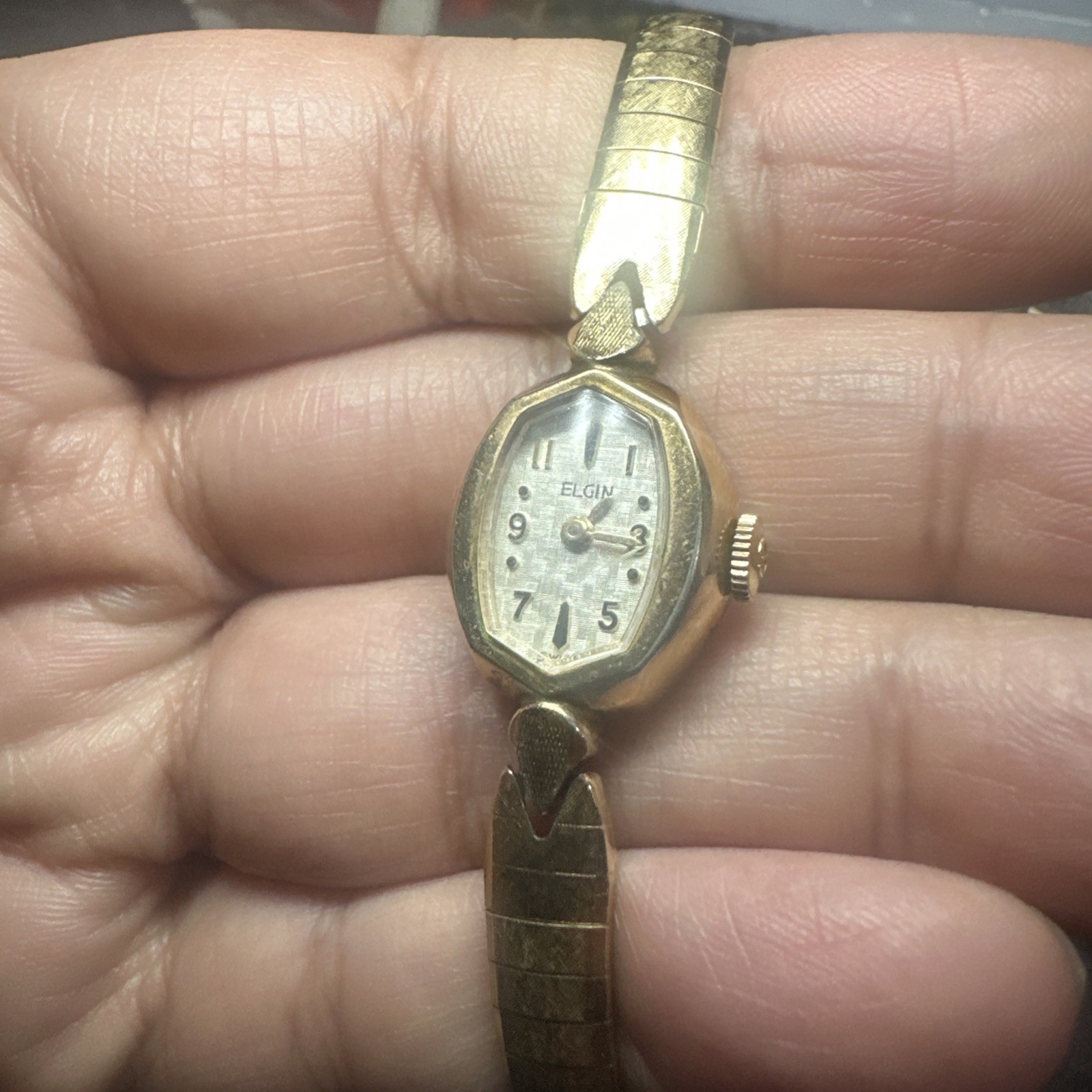 Working Vintage Elgin Ladies Check-board Dial Watch 16mm Fit 6in” Manual Wind