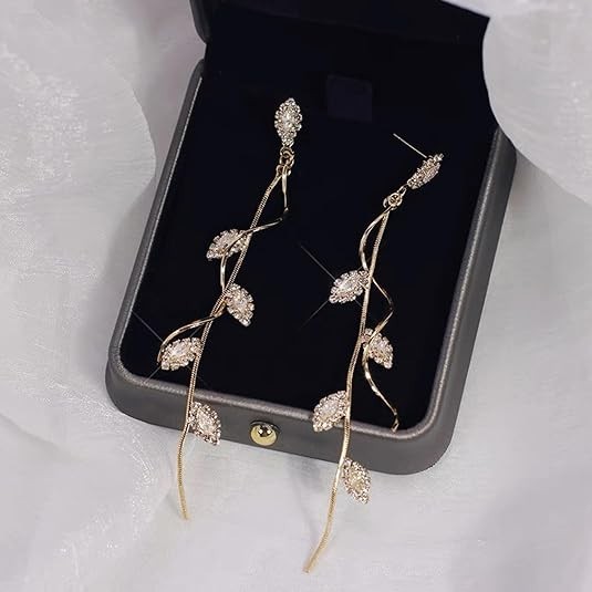 Aretes largos de oro de 14 quilates para mujer, aretes colgantes largos con bor