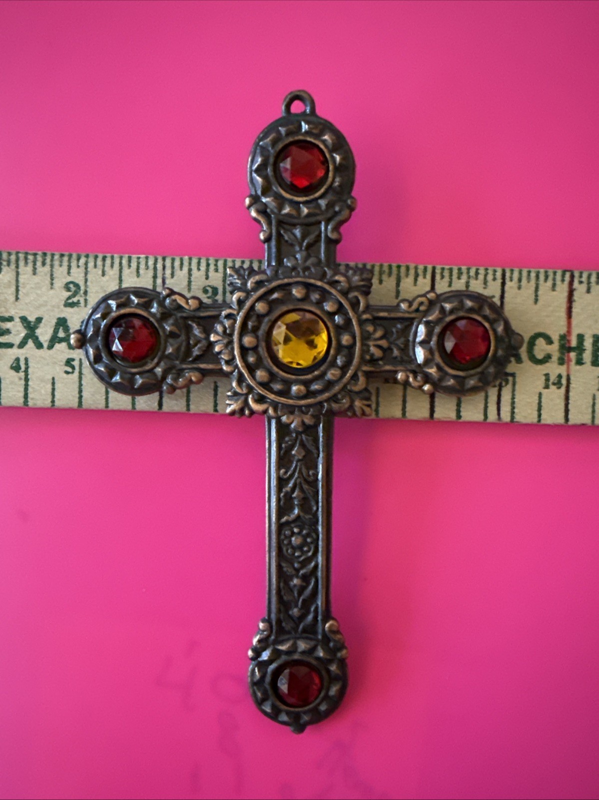 Vintage Brass Red And Yellow Gem Cross – Pendant Or Ornament