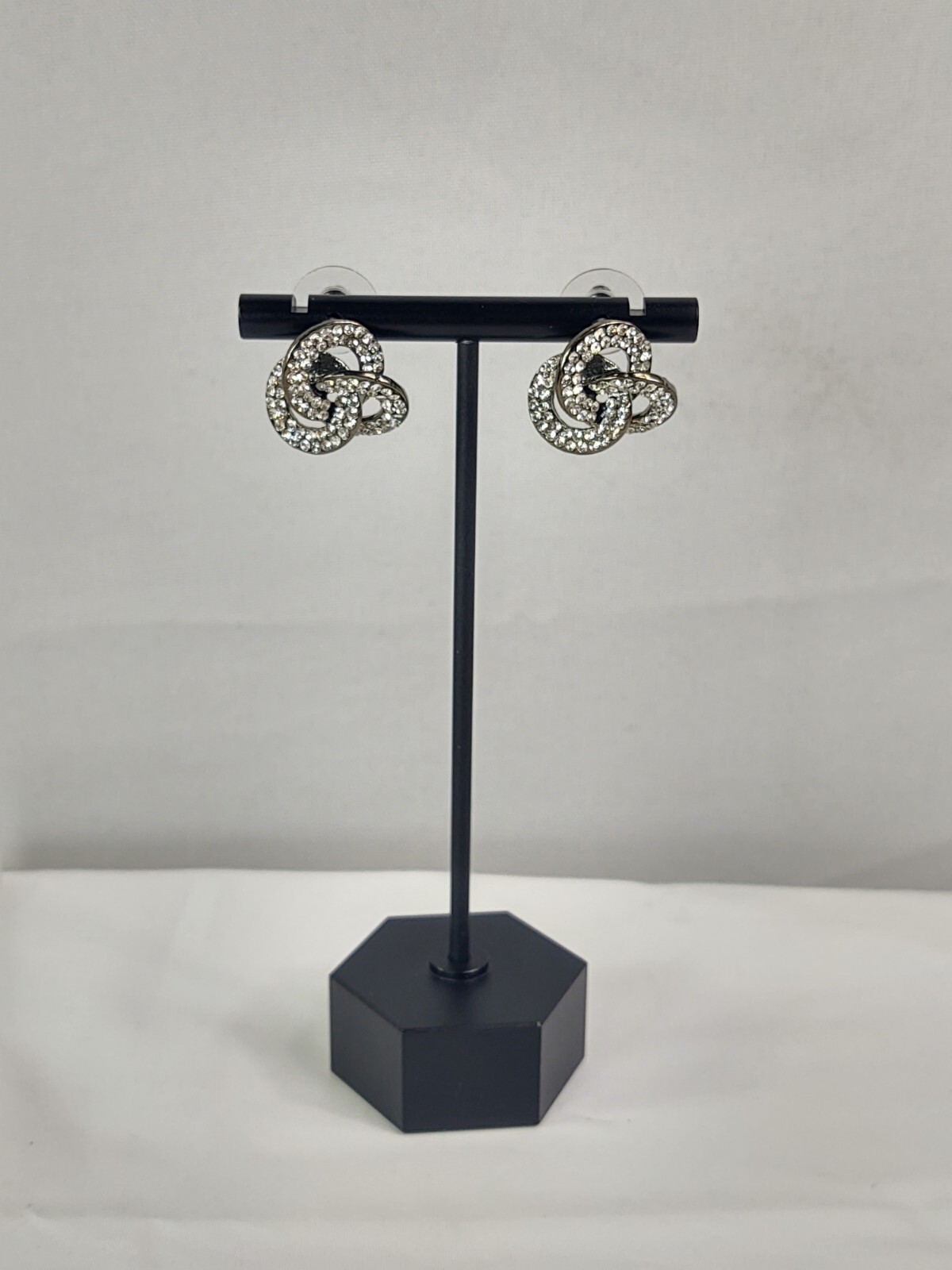 Vtg Pierced Earrings Women’s Costume Jewelry Silver Tone Crystals Tri-Circle