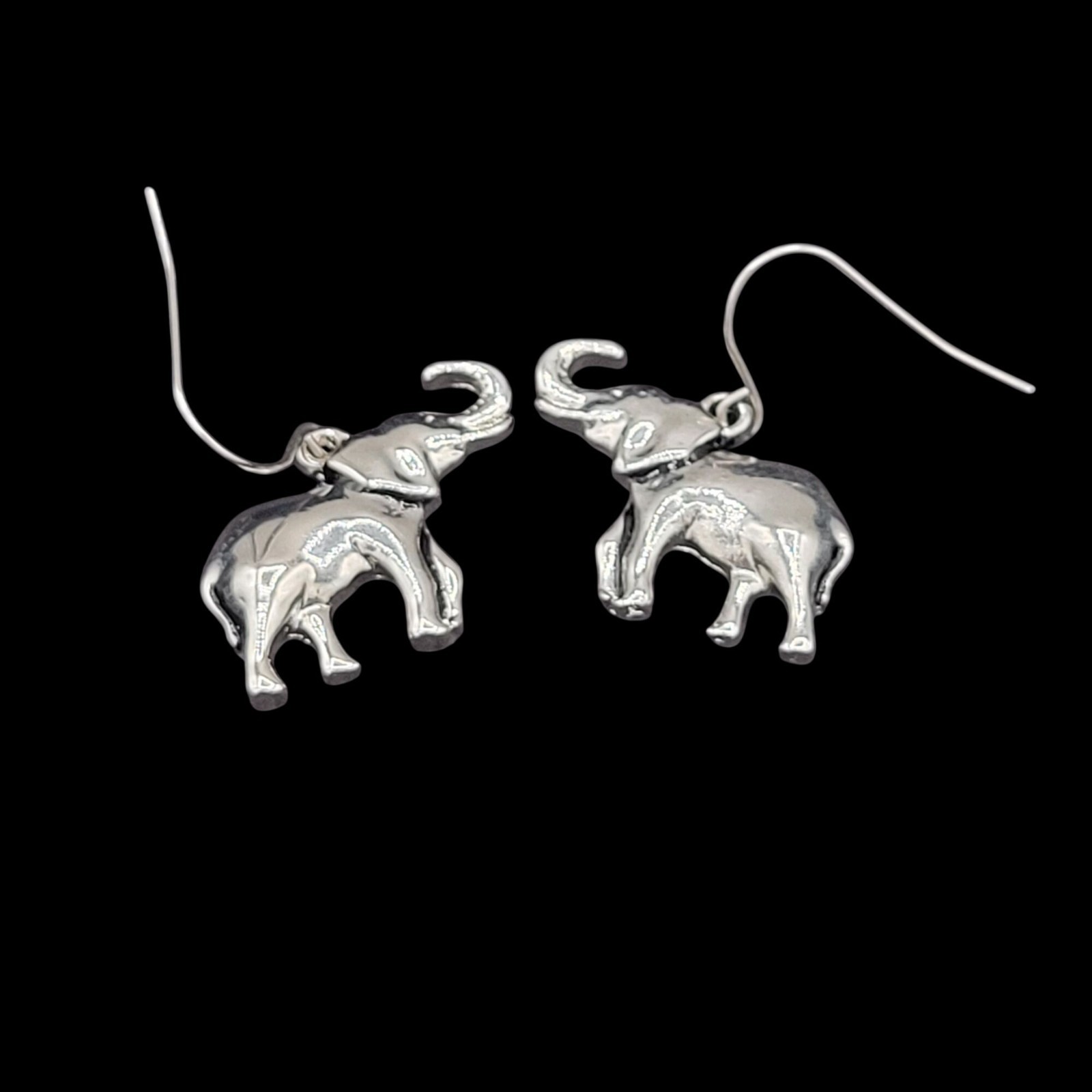 Mini Elephant Earrings Polished Silver Tone Finish Lucky Trunk Up Fish Hook