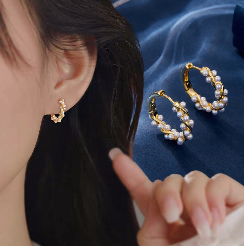 Women Girl 18K Gold Plated Twisted Pearl Huggie Hoop Earrings 16mm Gift A9