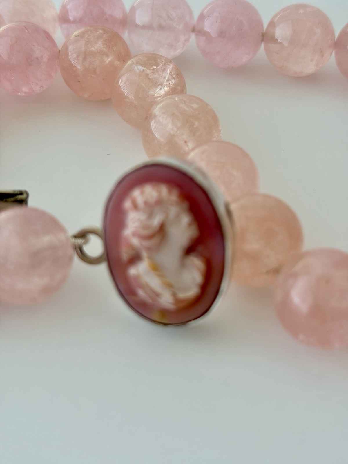 Madagascar Rose Quartz Necklace 14mm Silk Knotted 925 Cameo Clasp OOAK VTG