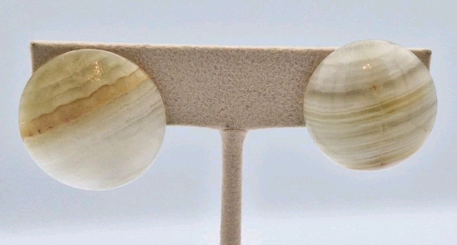 Vintage Genuine Banded Agate Stone Domed Disc Button Screw-back Earrings *RARE