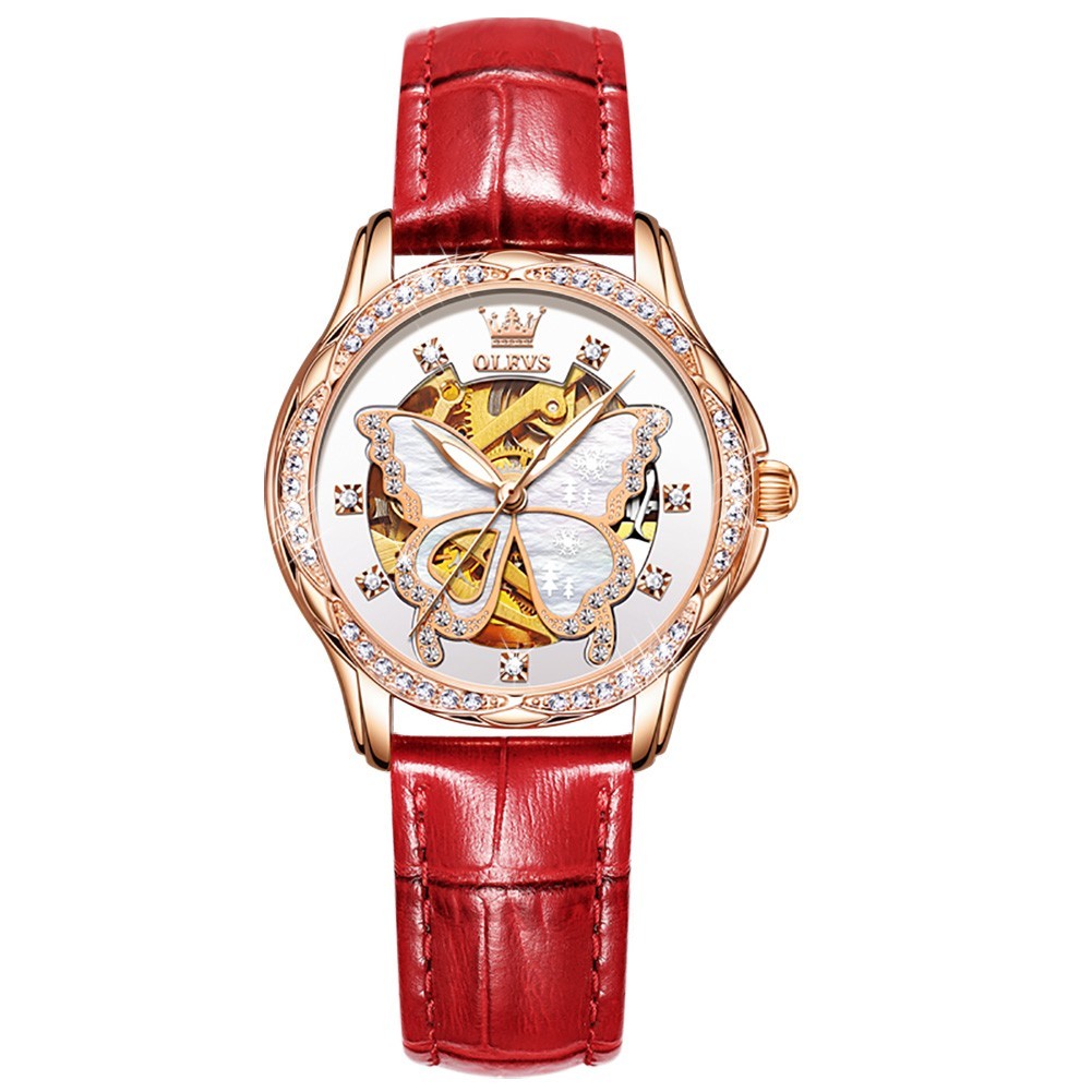 OLEVS 6622 Leather Ceramic Hollow Out Women Dress Mechanical Automatic Watch