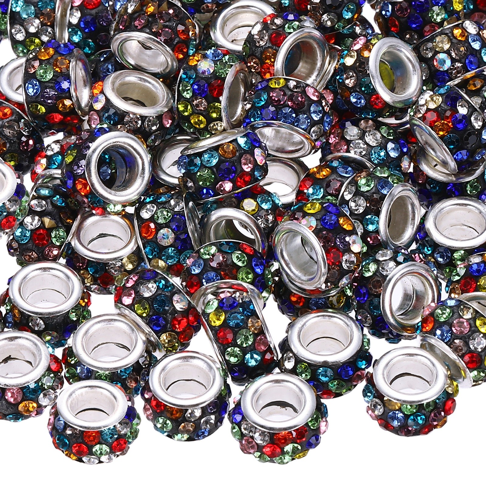100 Pcs Large Hole Bead 12mm Rhinestone European Beads Black Mixed Colors
