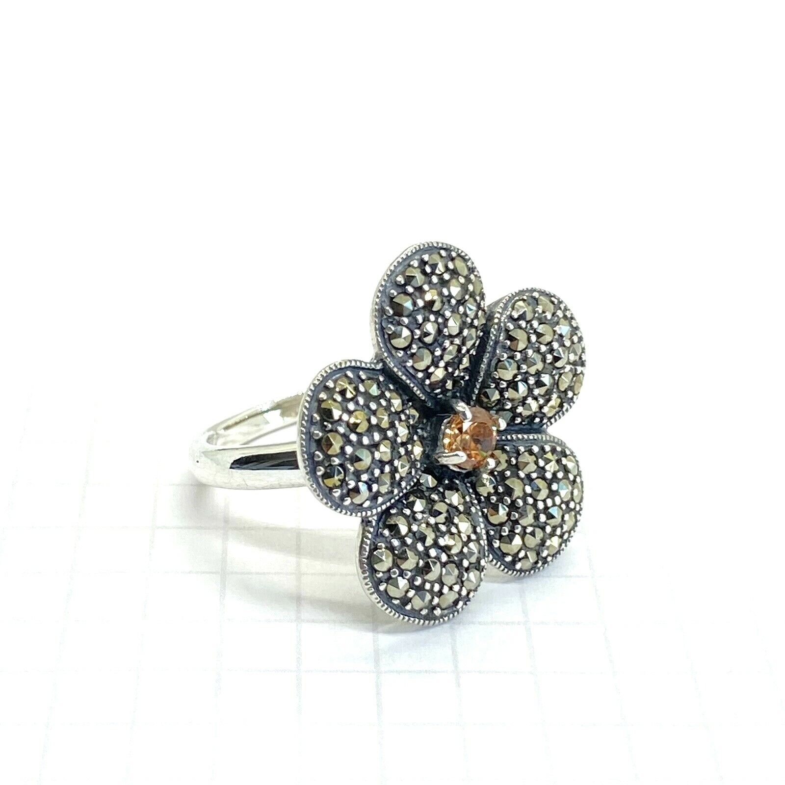 (SIZE 6,7,8,9) Big FLOWER RING Orange Citrine & Marcasite .925 STERLING SILVER