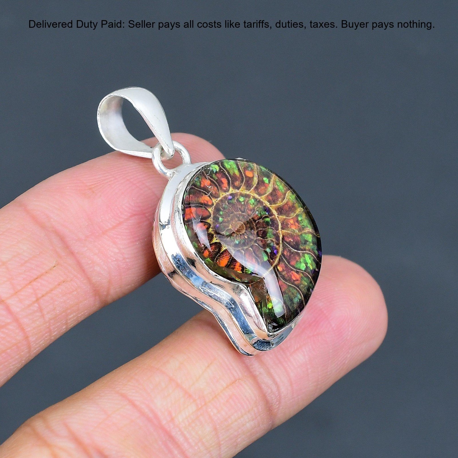 Valentines Sale Pear Ammonite Doublet Opal Stone Pendant Jewelry Sterling Silver
