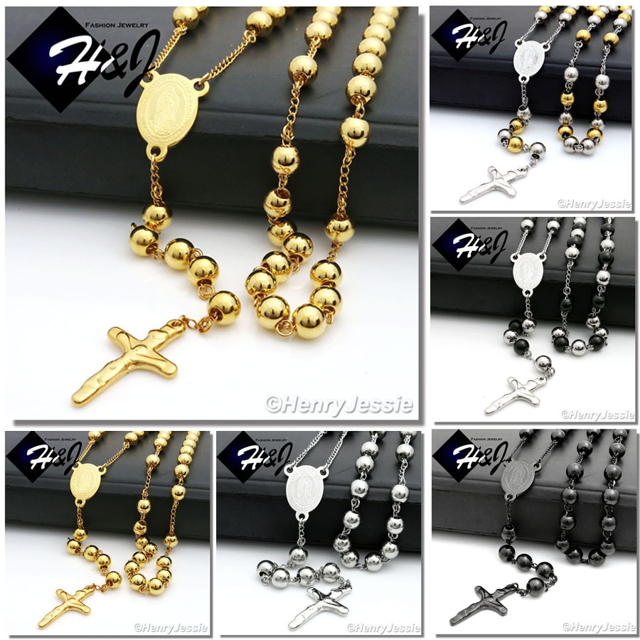 26+5″MEN Stainless Steel 6mm Silver/Black/Gold Plated Beads Rosary Necklace