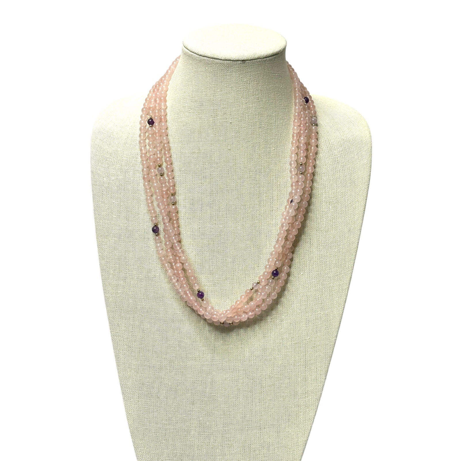 Rose Quartz Necklace with Amethyst & Gold Tone Spacer Accents 4 Strands & 24 In