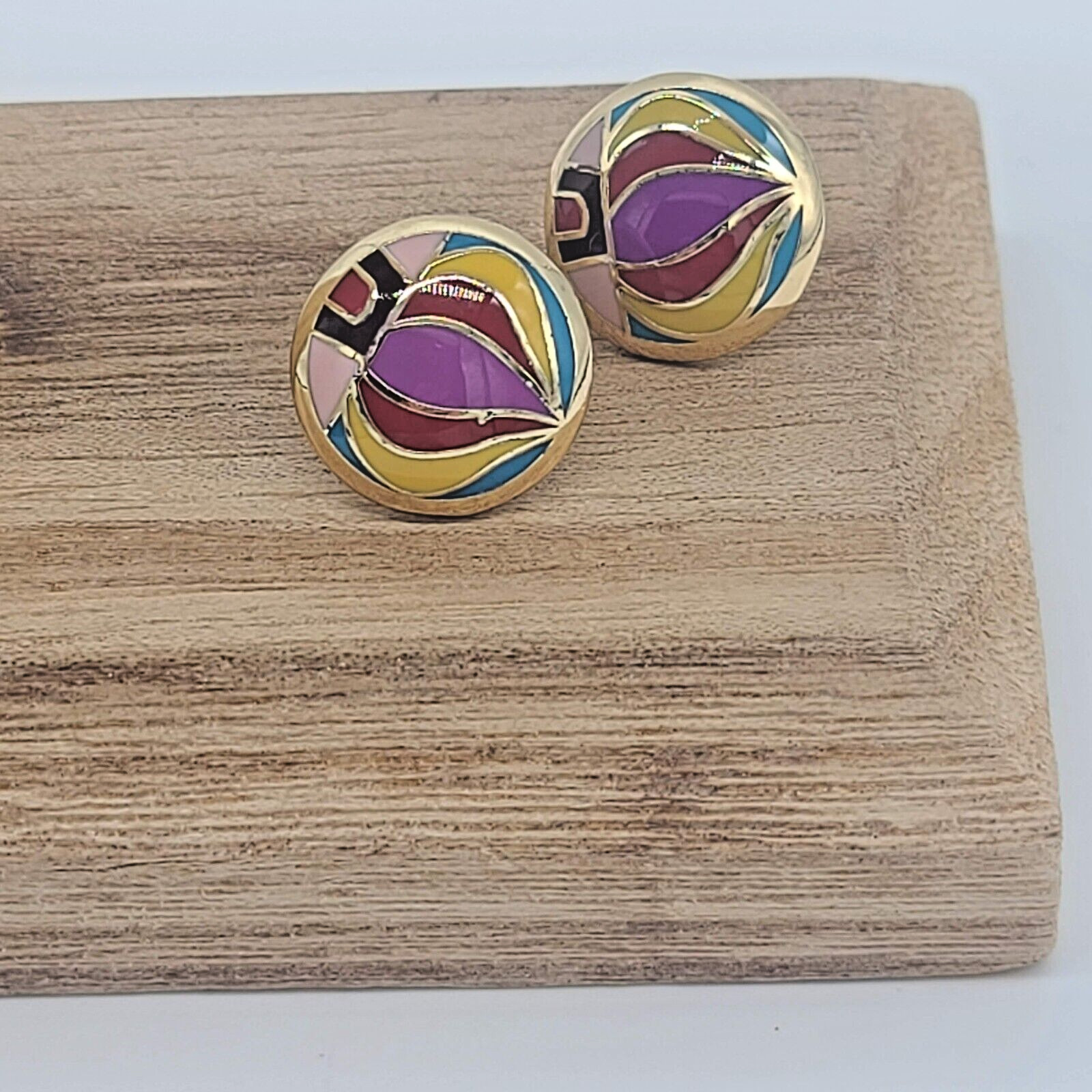 7 Charming Sisters “Hello Summer” Multi-Color Enamel & Gold Round Stud Earrings
